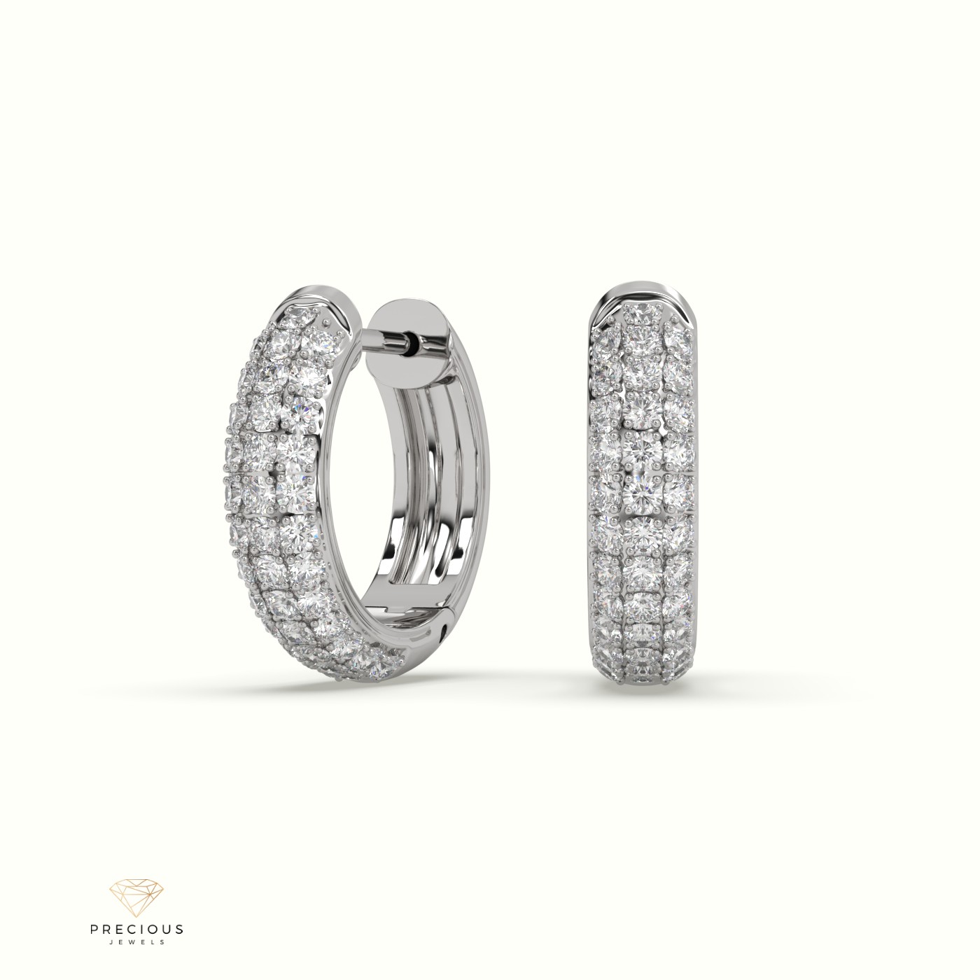 18k white gold petite triple row diamond huggie earrings.