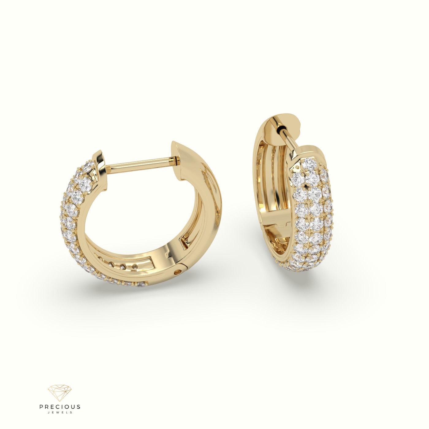 18k yellow gold petite triple row diamond huggie earrings. Photos & images