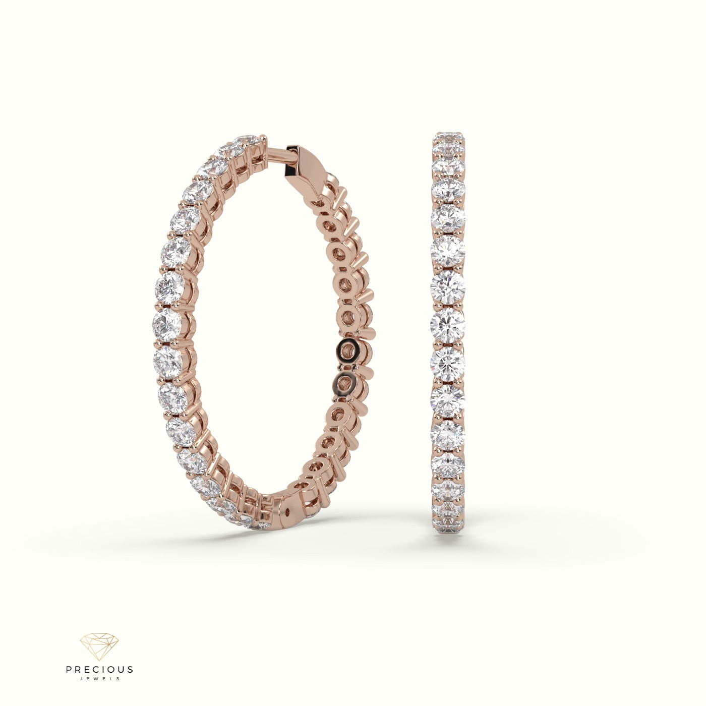 18k rose gold shared prong diamond hoop earrings