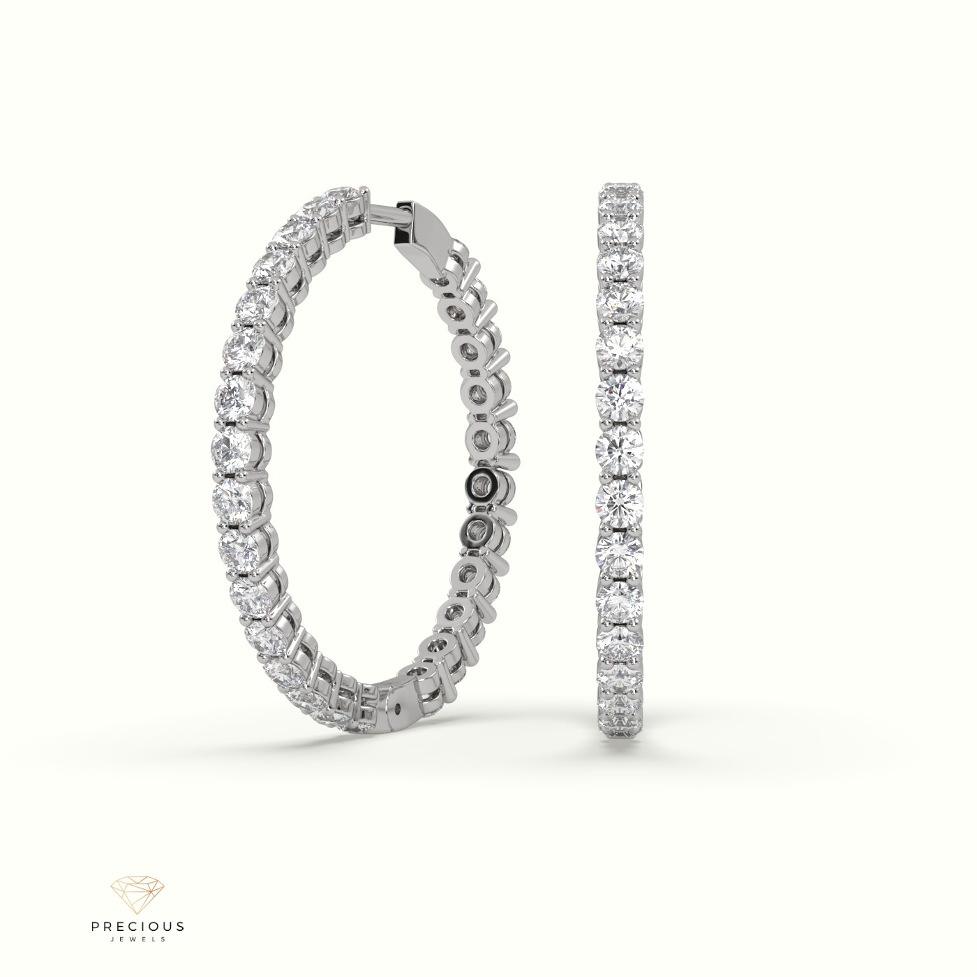 18k white gold shared prong diamond hoop earrings