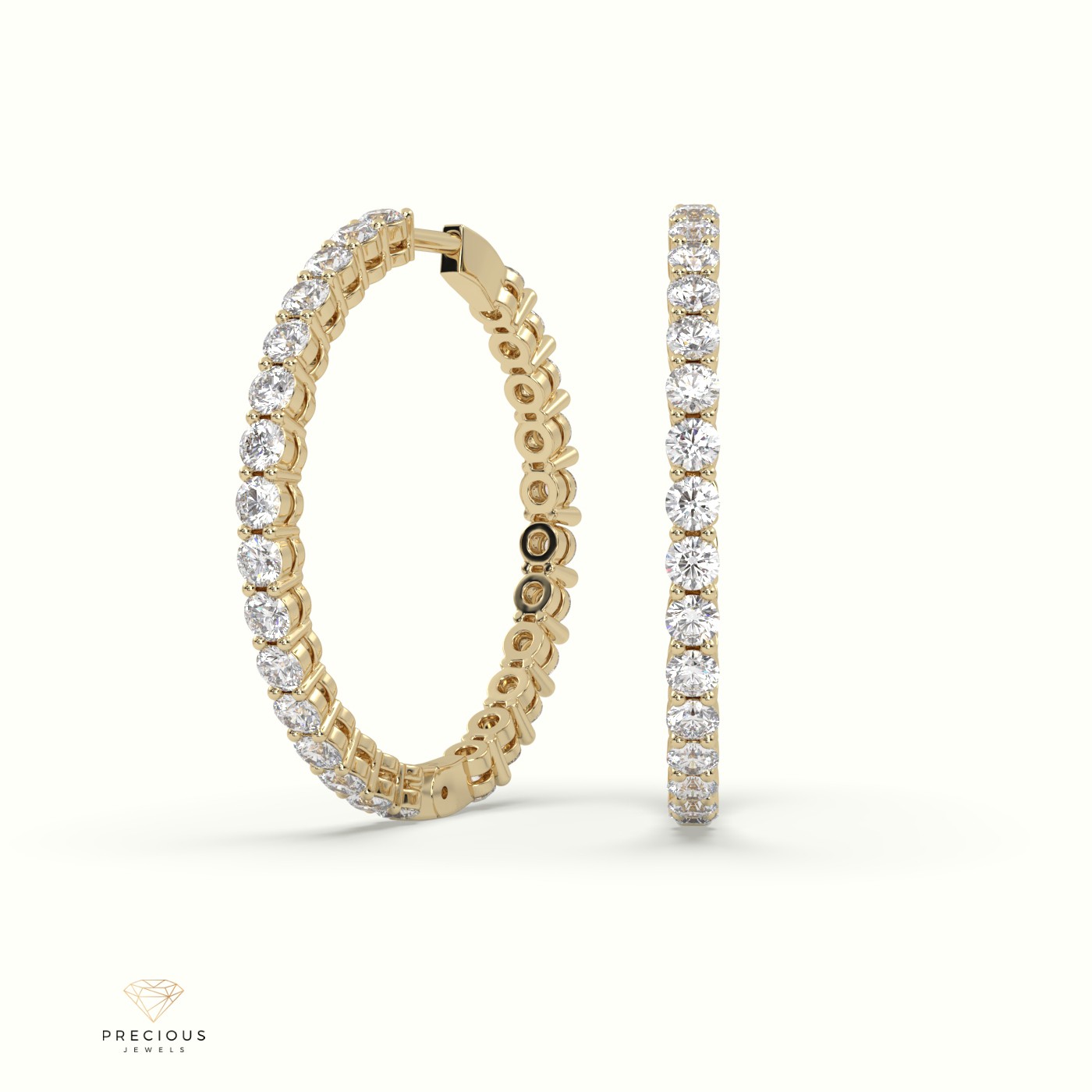 18k yellow gold shared prong diamond hoop earrings