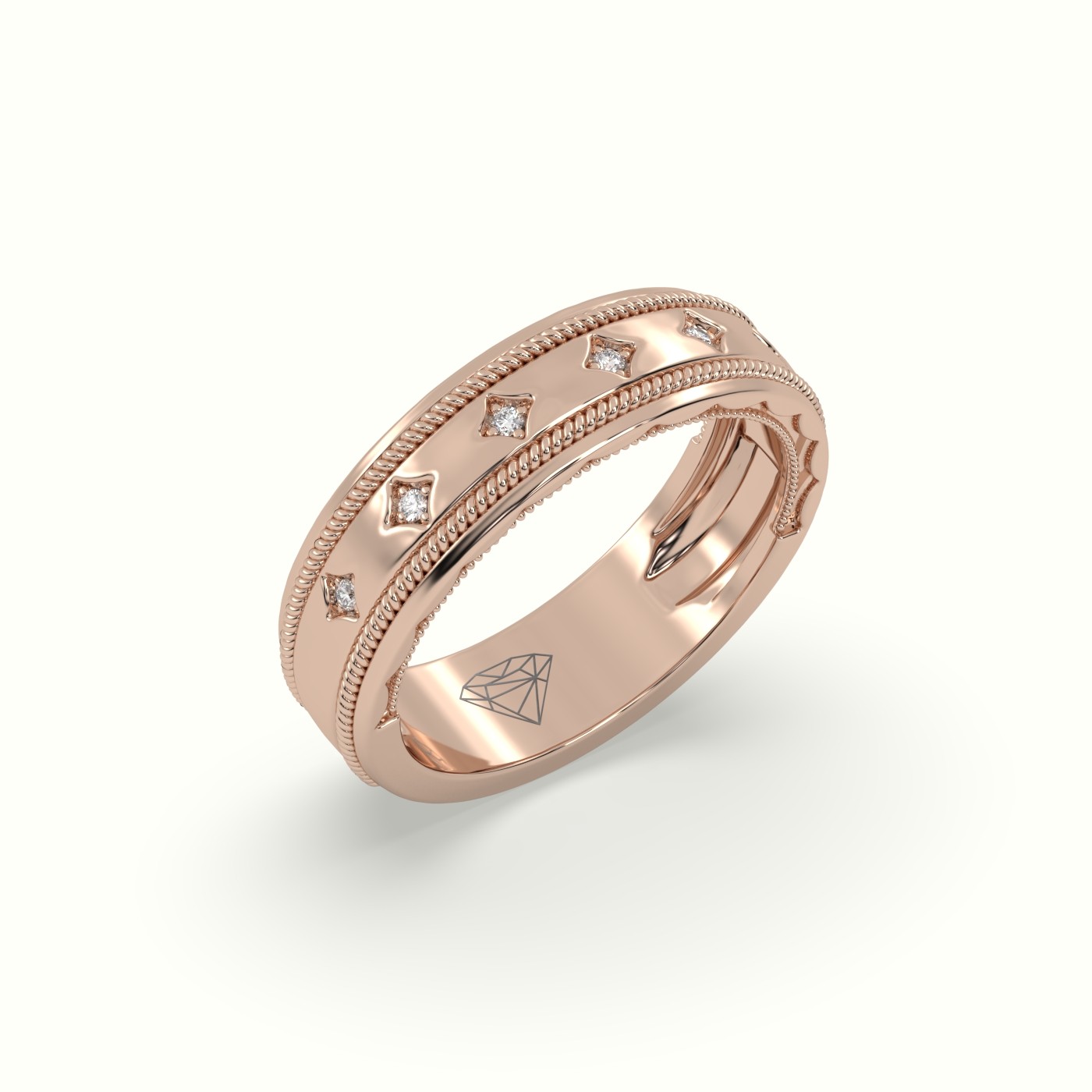 18k rose gold accent diamond zigzag pattern milgrain edge wedding band Photos & images