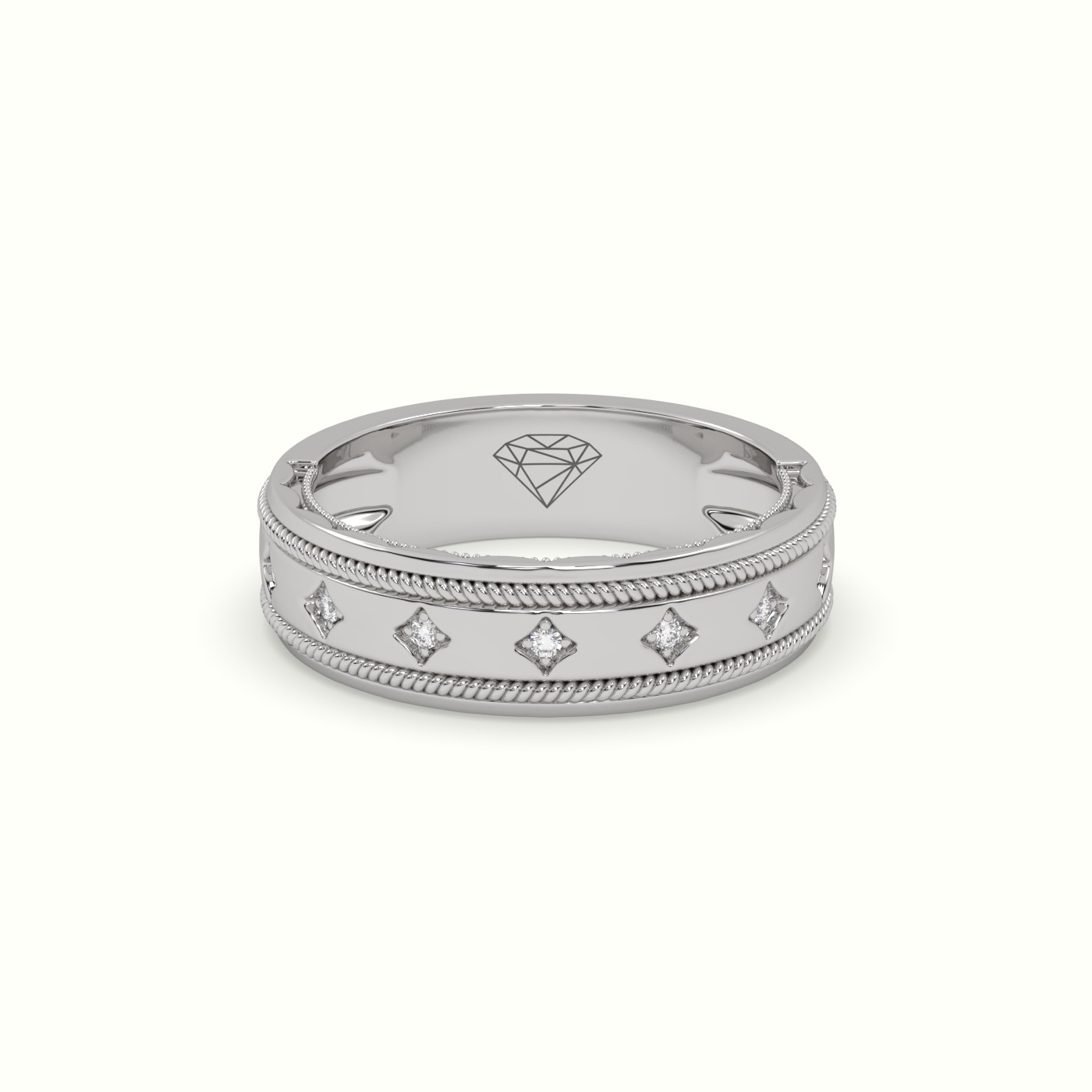 18k white gold accent diamond zigzag pattern milgrain edge wedding band