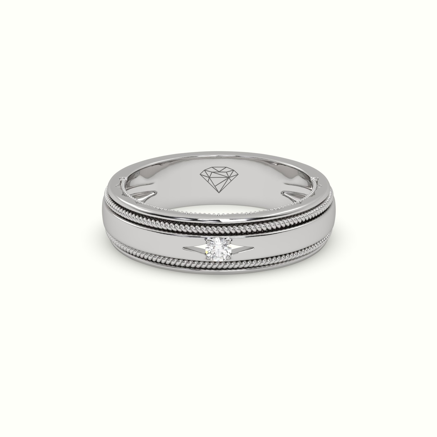 18k white gold milgrain single diamond wedding band