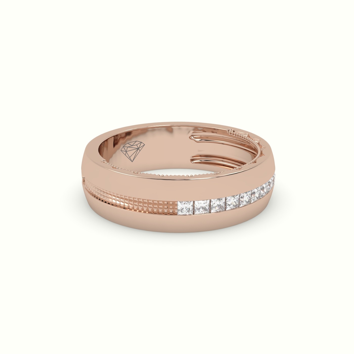 18k rose gold  etched channel set princess cut diamond wedding band Photos & images