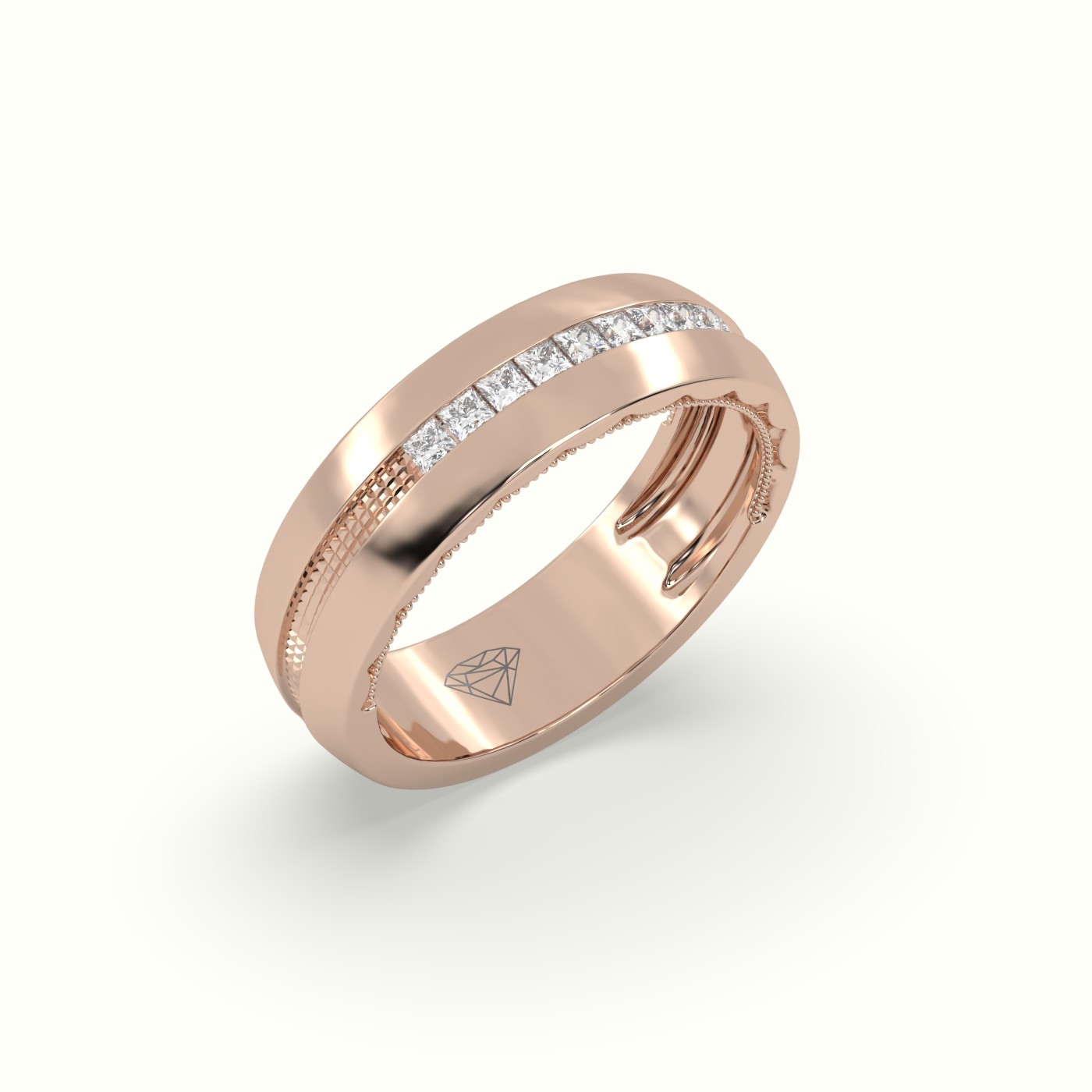 18k rose gold  etched channel set princess cut diamond wedding band Photos & images