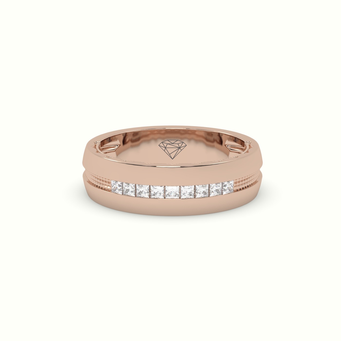 18k rose gold  etched channel set princess cut diamond wedding band