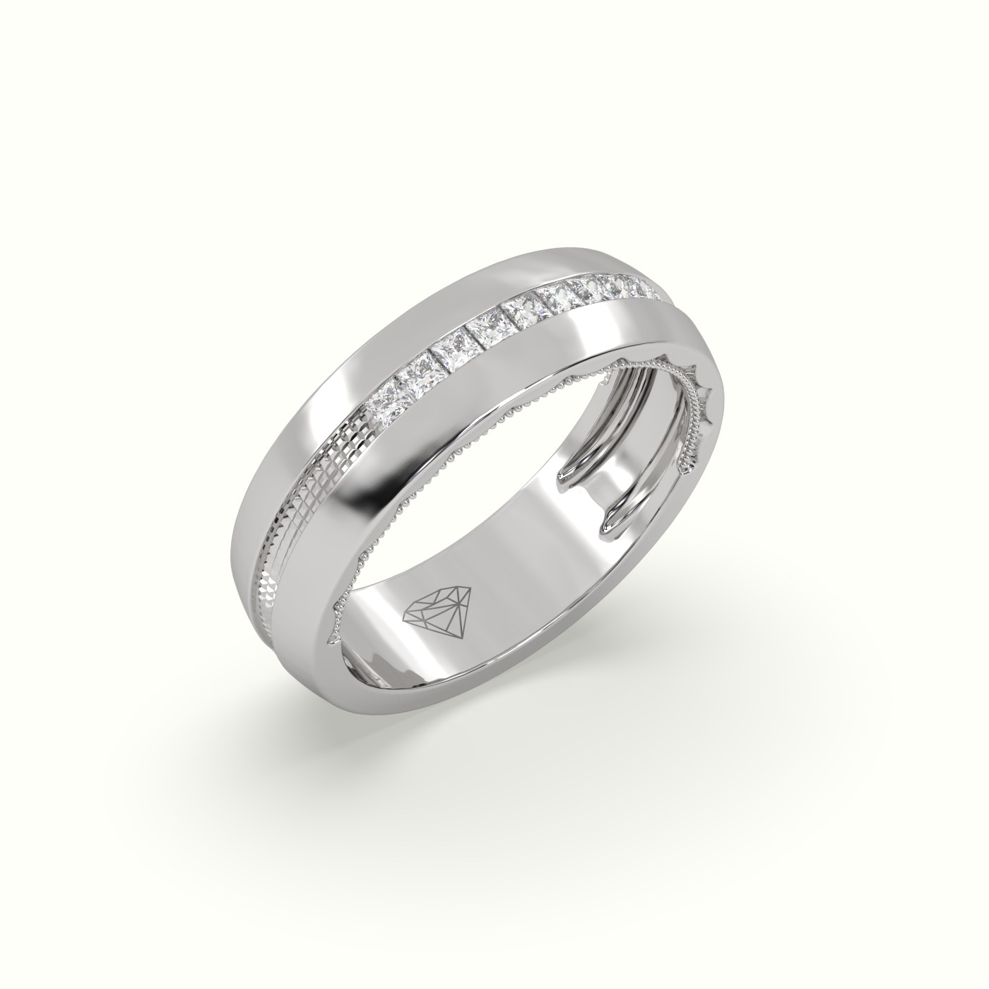 18k white gold  etched channel set princess cut diamond wedding band Photos & images