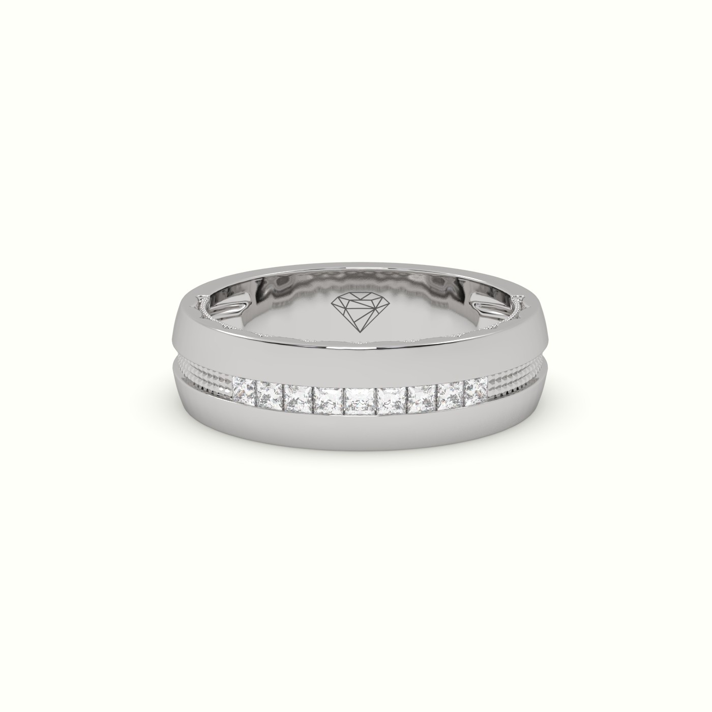18k white gold  etched channel set princess cut diamond wedding band