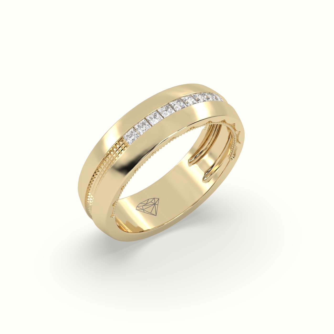 18k yellow gold  etched channel set princess cut diamond wedding band Photos & images