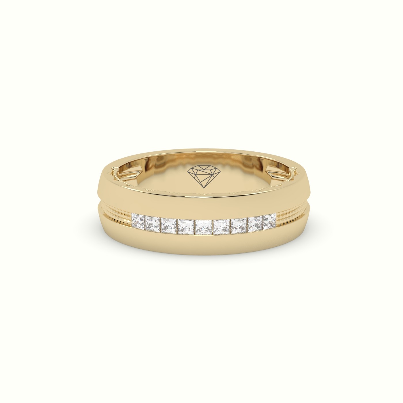 18k yellow gold  etched channel set princess cut diamond wedding band