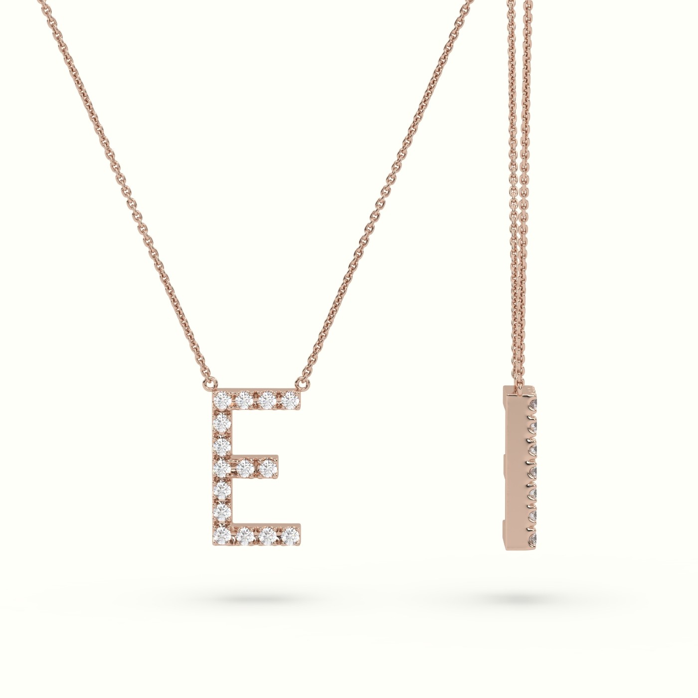 18k rose gold  round cut diamonds “e” initials monogram alphabet pendant Photos & images