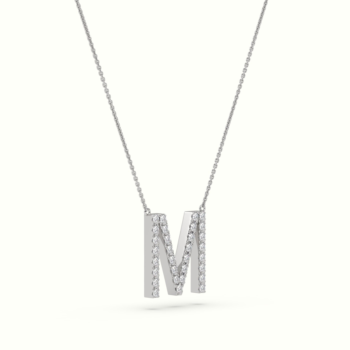 18k white gold  round cut diamonds “m” initials monogram alphabet pendant Photos & images