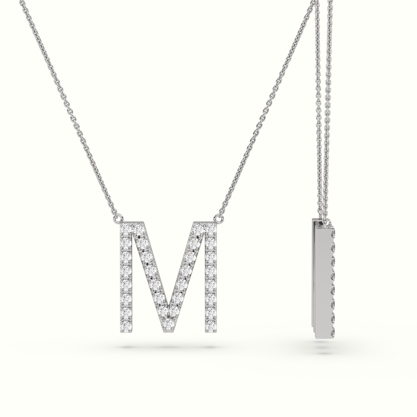 18k white gold  round cut diamonds “m” initials monogram alphabet pendant Photos & images