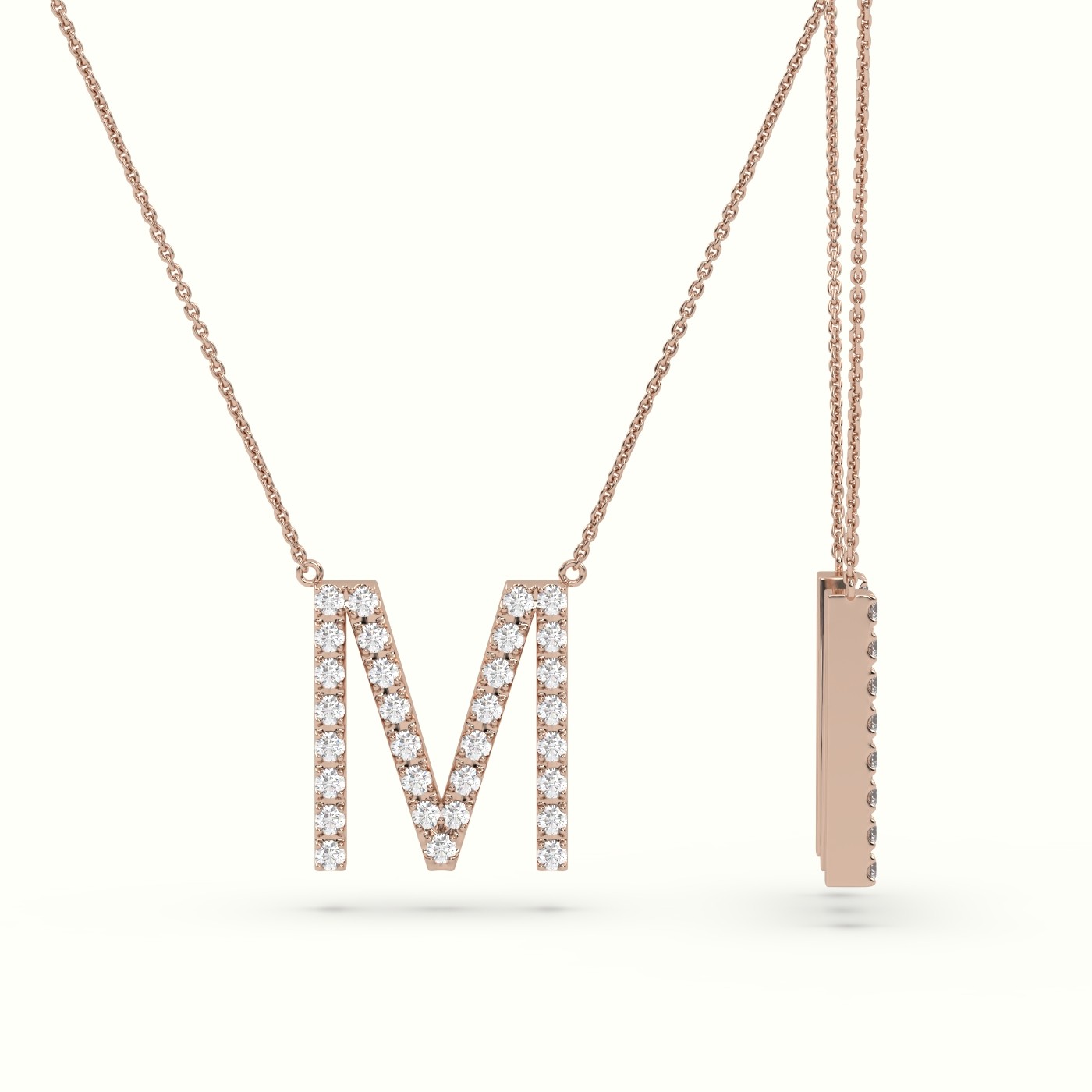 18k rose gold  round cut diamonds “m” initials monogram alphabet pendant Photos & images