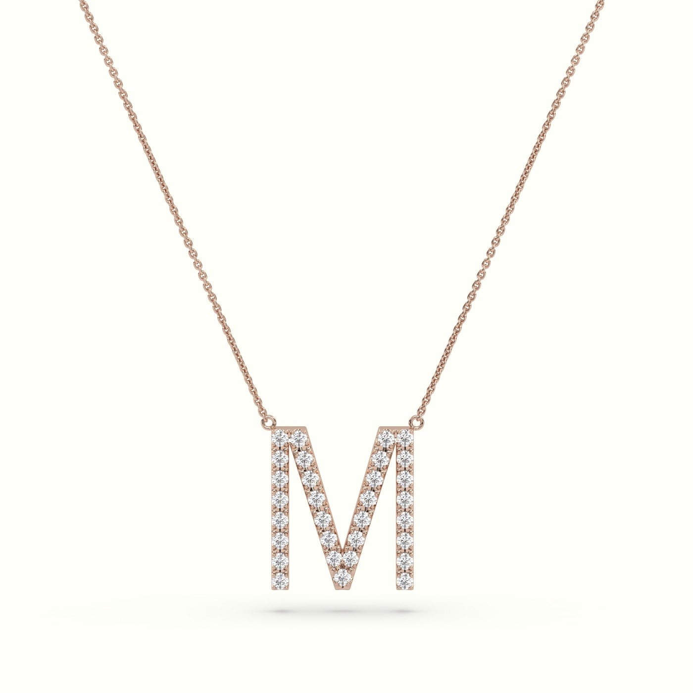 18k rose gold  round cut diamonds “m” initials monogram alphabet pendant