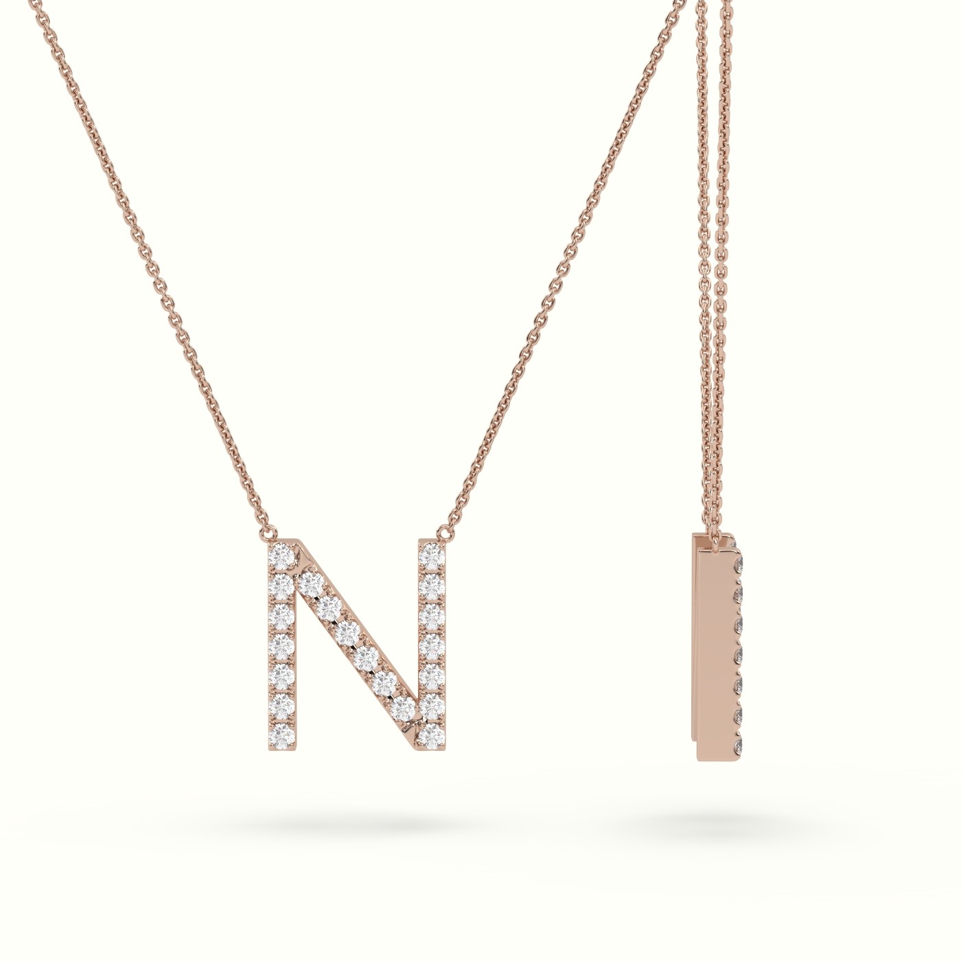 18k rose gold  round cut diamonds “n” initials monogram alphabet pendant Photos & images