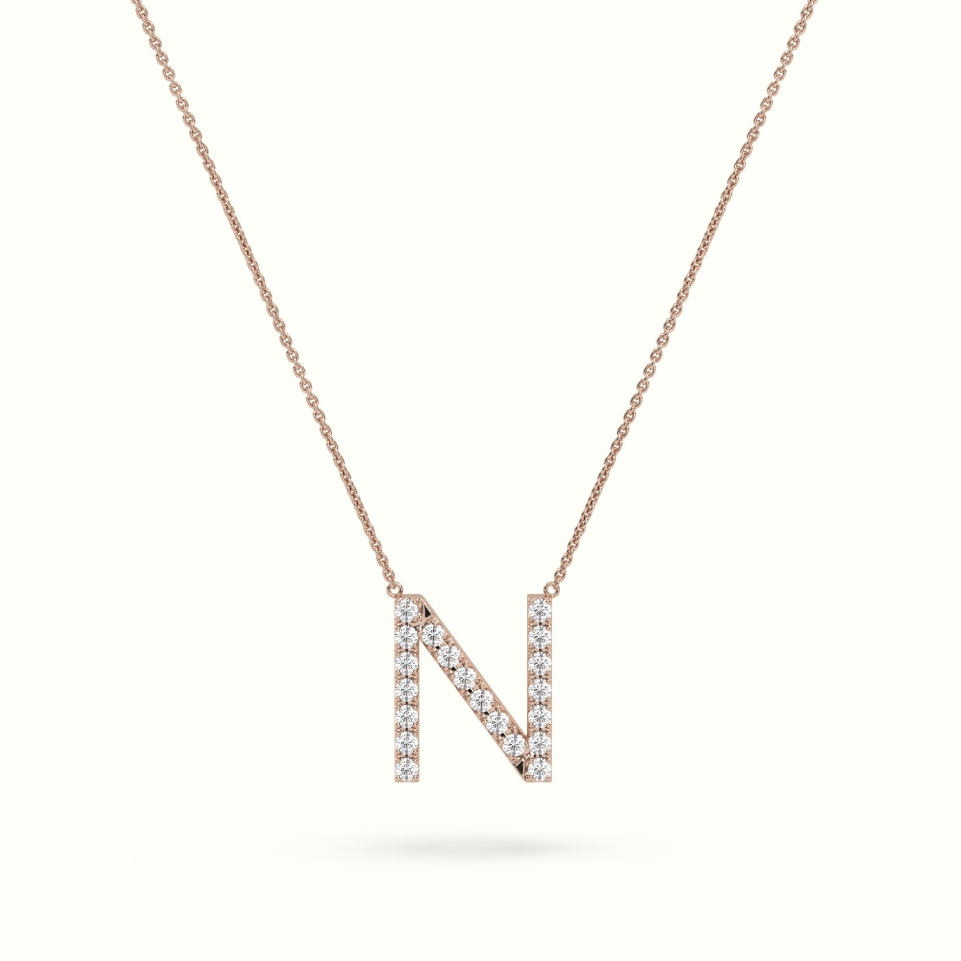 18k rose gold  round cut diamonds “n” initials monogram alphabet pendant