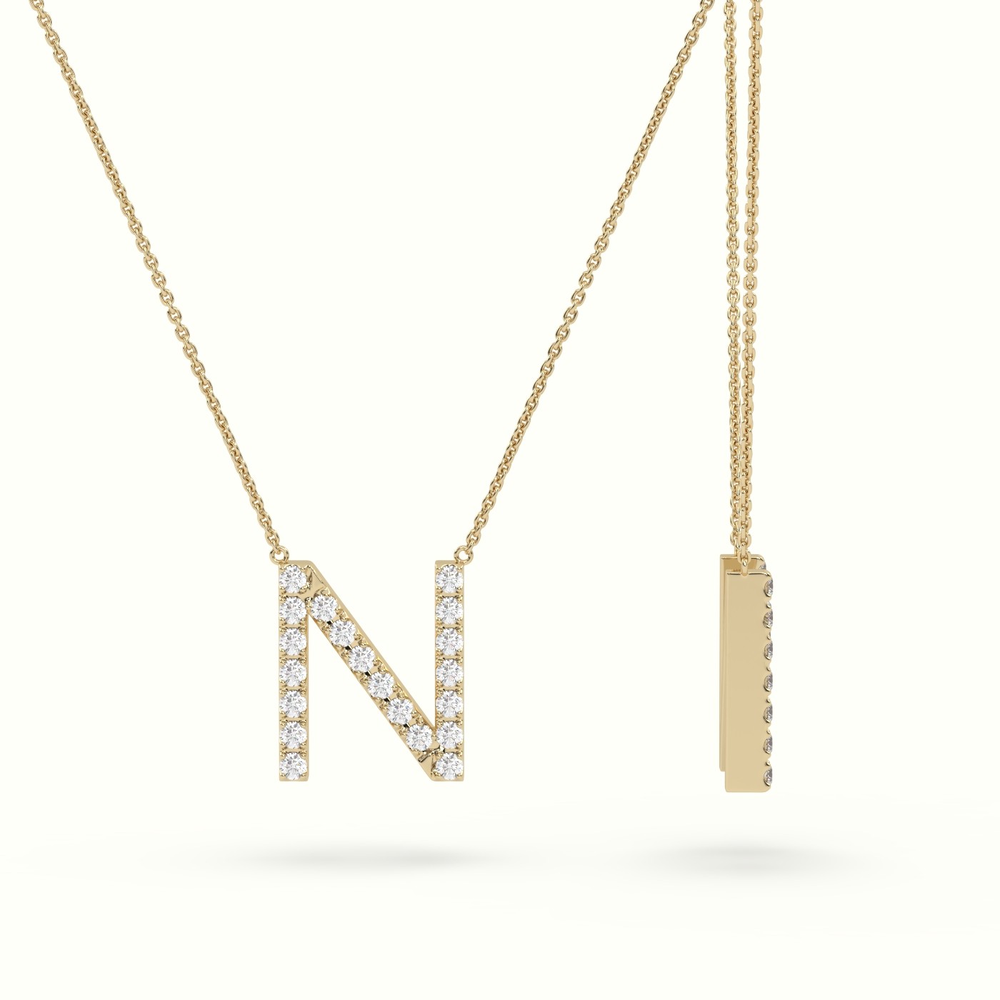 18k yellow gold  round cut diamonds “n” initials monogram alphabet pendant Photos & images