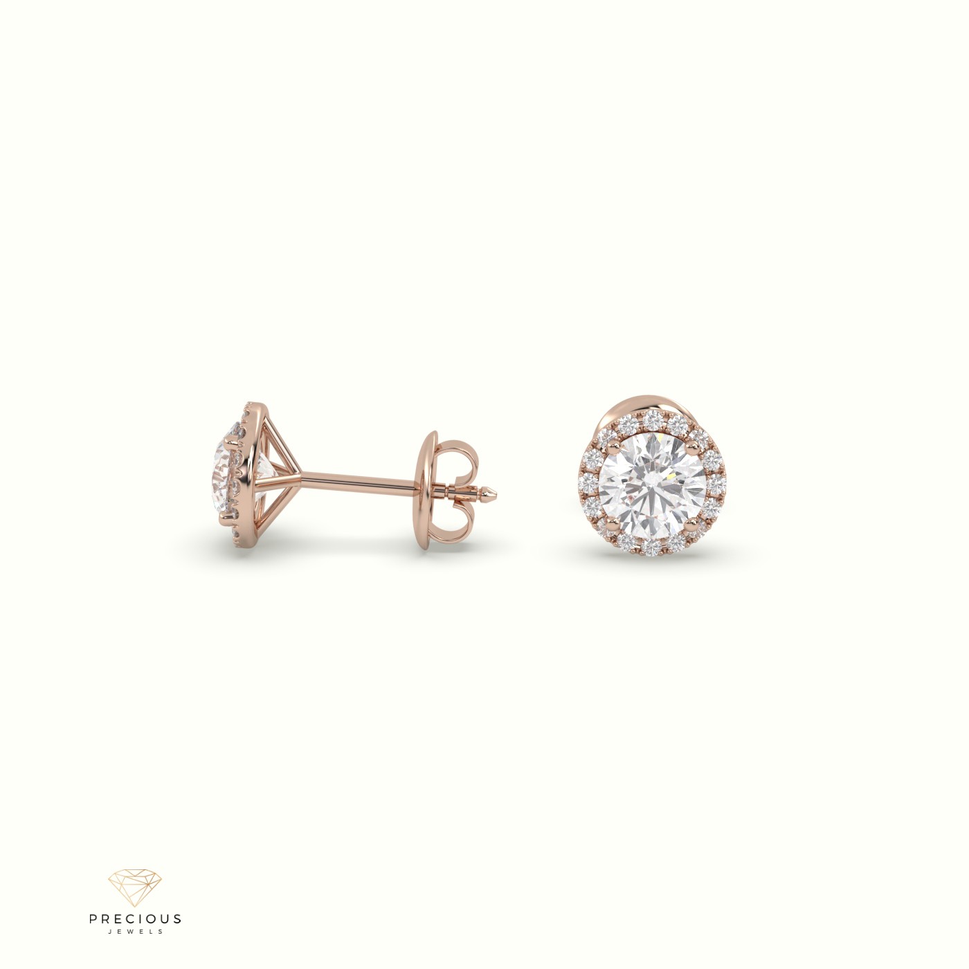 18k rose gold 4 prongs round halo earring Photos & images