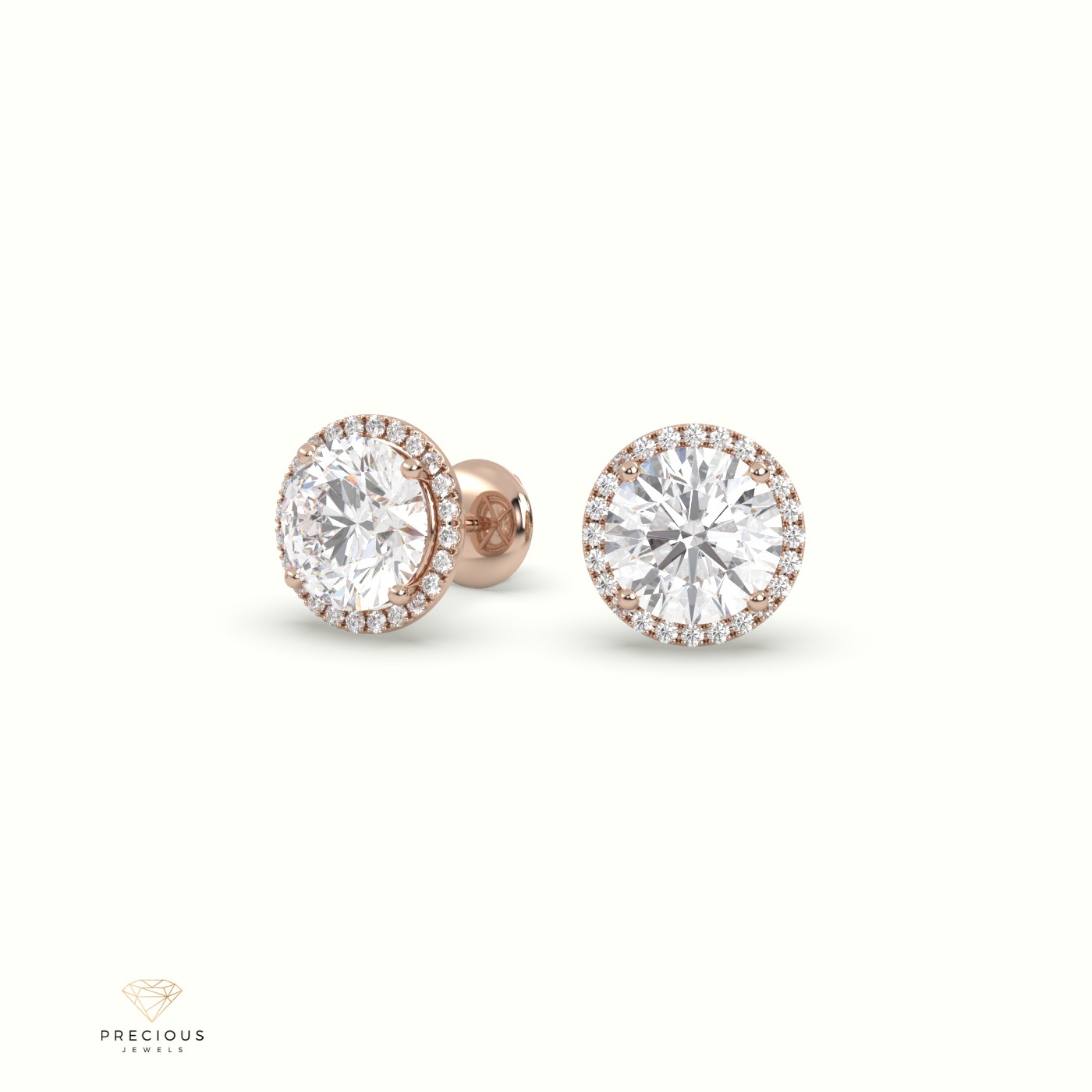 18k rose gold 4 prongs round halo earring