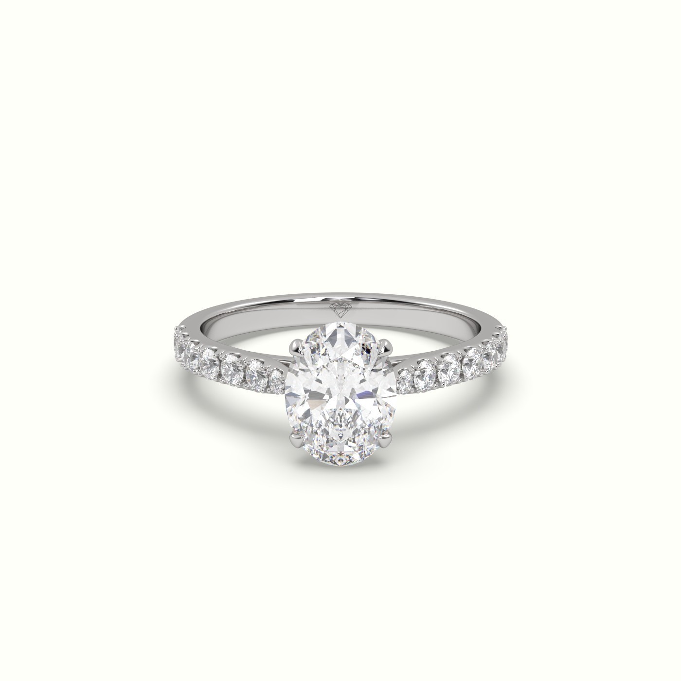 18k white gold 1.00 ct, 4-prong oval cut diamond ring with pave set diamond band Photos & images