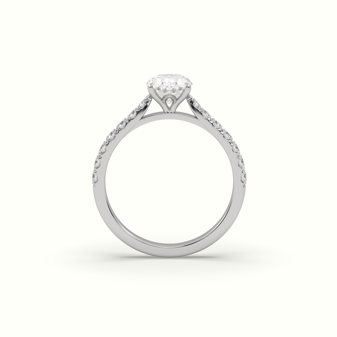 18k white gold 1.00 ct, 4-prong oval cut diamond ring with pave set diamond band Photos & images