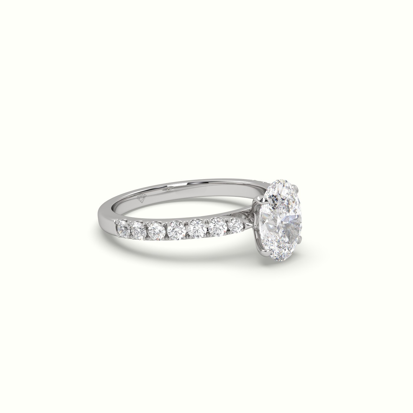 18k white gold 1.00 ct, 4-prong oval cut diamond ring with pave set diamond band Photos & images