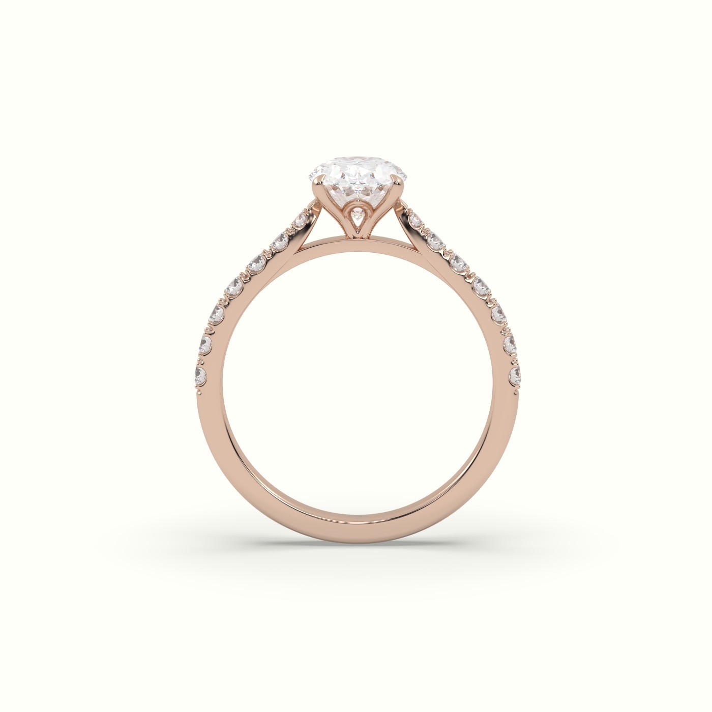 18k rose gold  1.00 ct, 4-prong oval cut diamond ring with pave set diamond band Photos & images