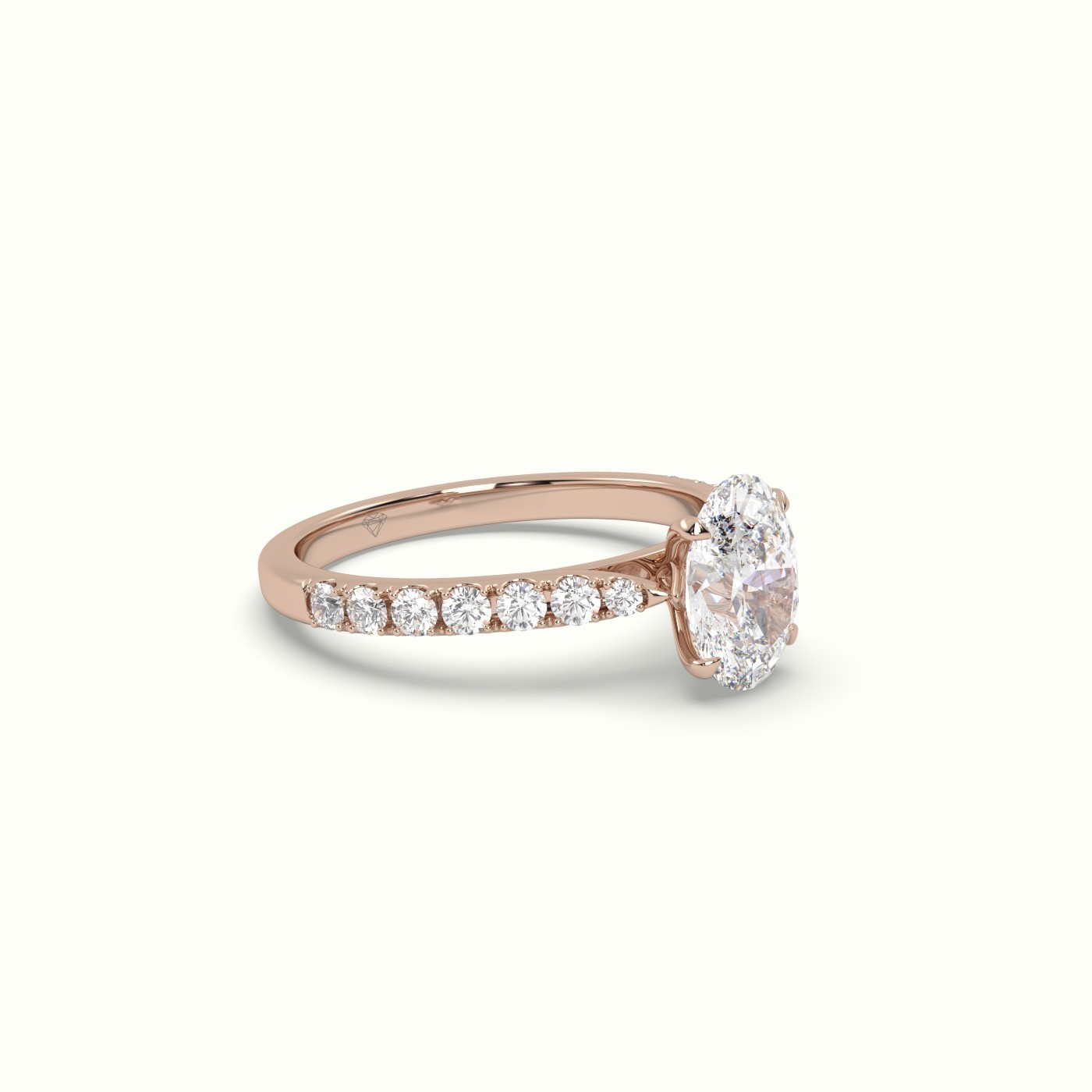 18k rose gold  1.00 ct, 4-prong oval cut diamond ring with pave set diamond band Photos & images