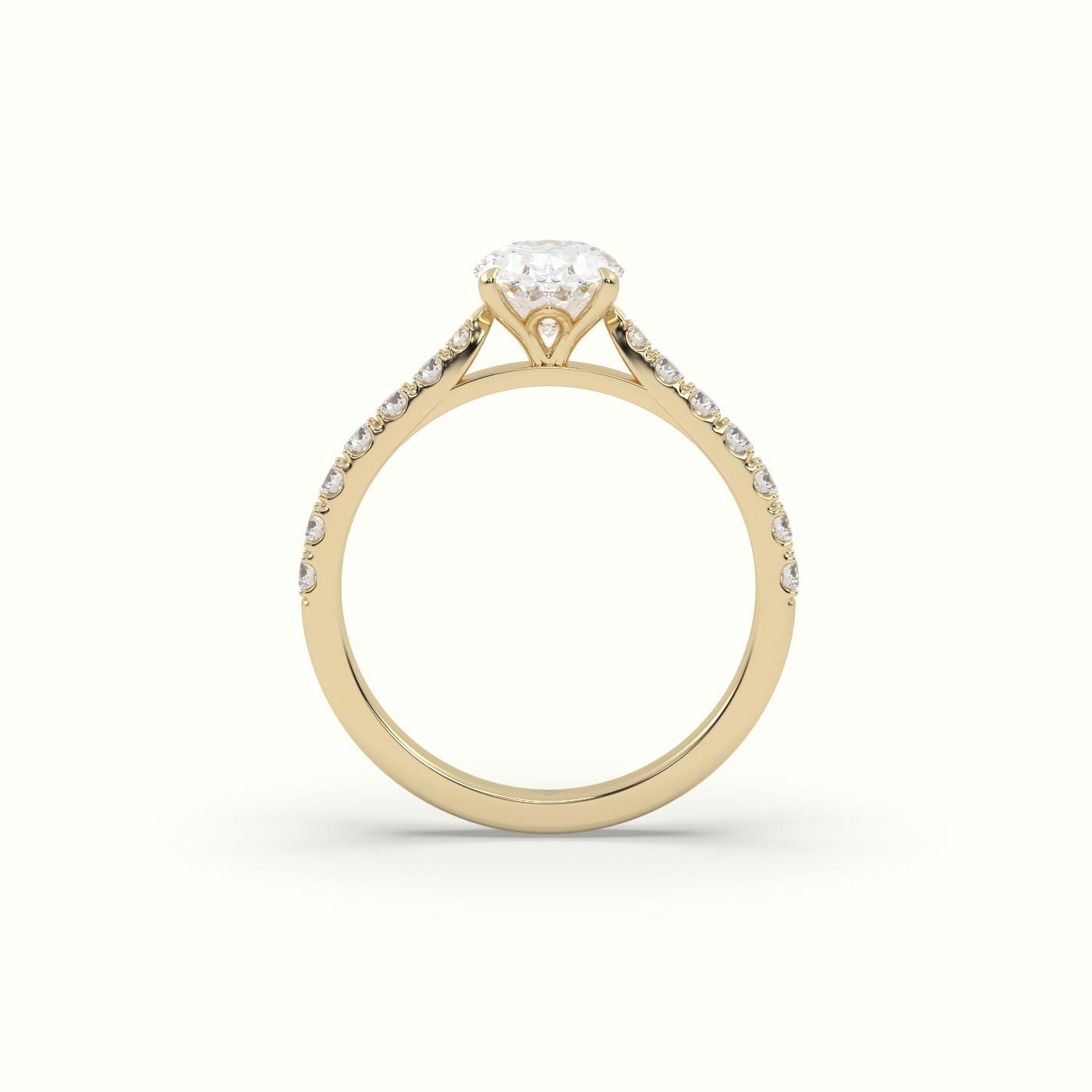 18k yellow gold 1.00 ct, 4-prong oval cut diamond ring with pave set diamond band Photos & images