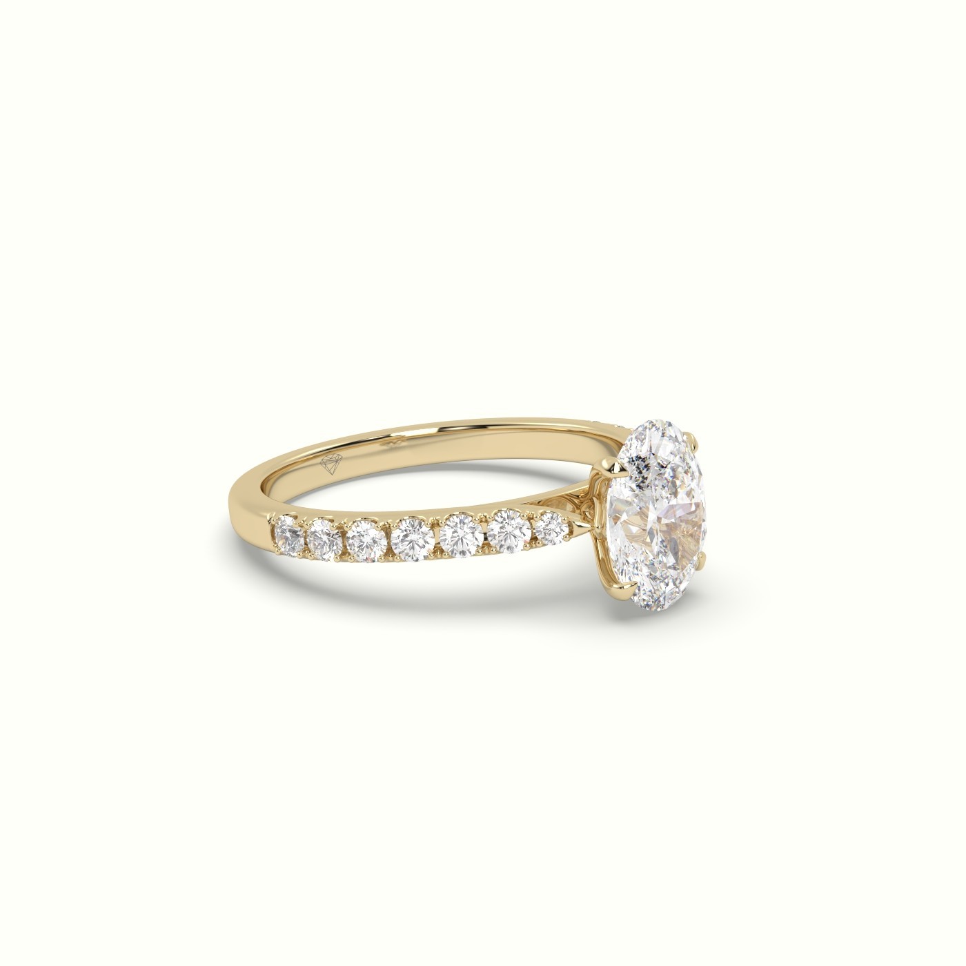 18k yellow gold 1.00 ct, 4-prong oval cut diamond ring with pave set diamond band Photos & images