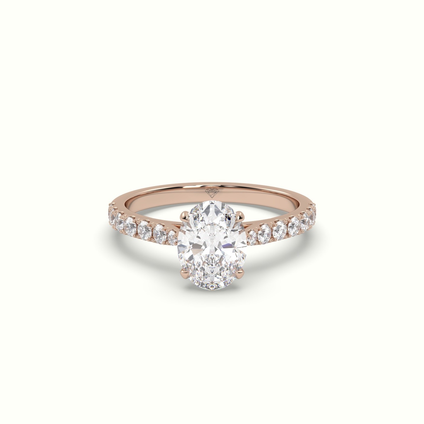 18k rose gold 0.73 ct,4-prong oval cut diamond ring with pave set diamond band Photos & images