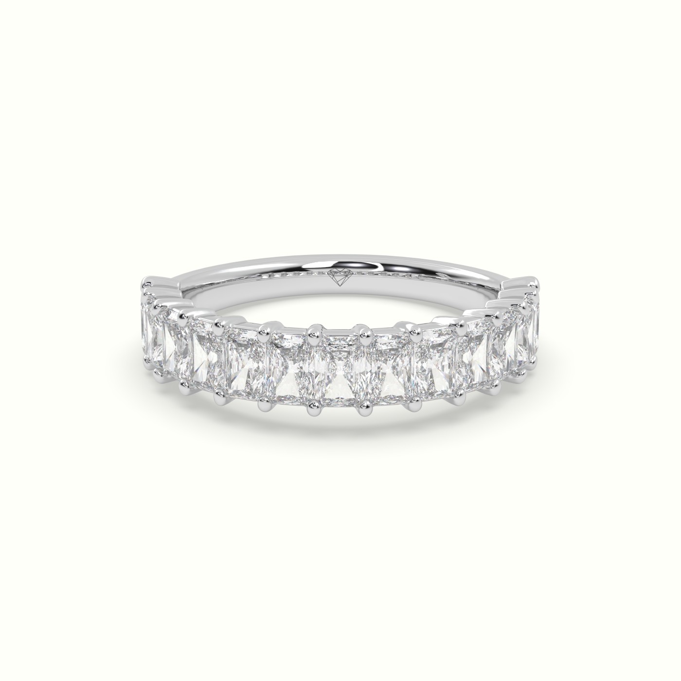 18k white gold radiant cut shared prong diamond wedding ring