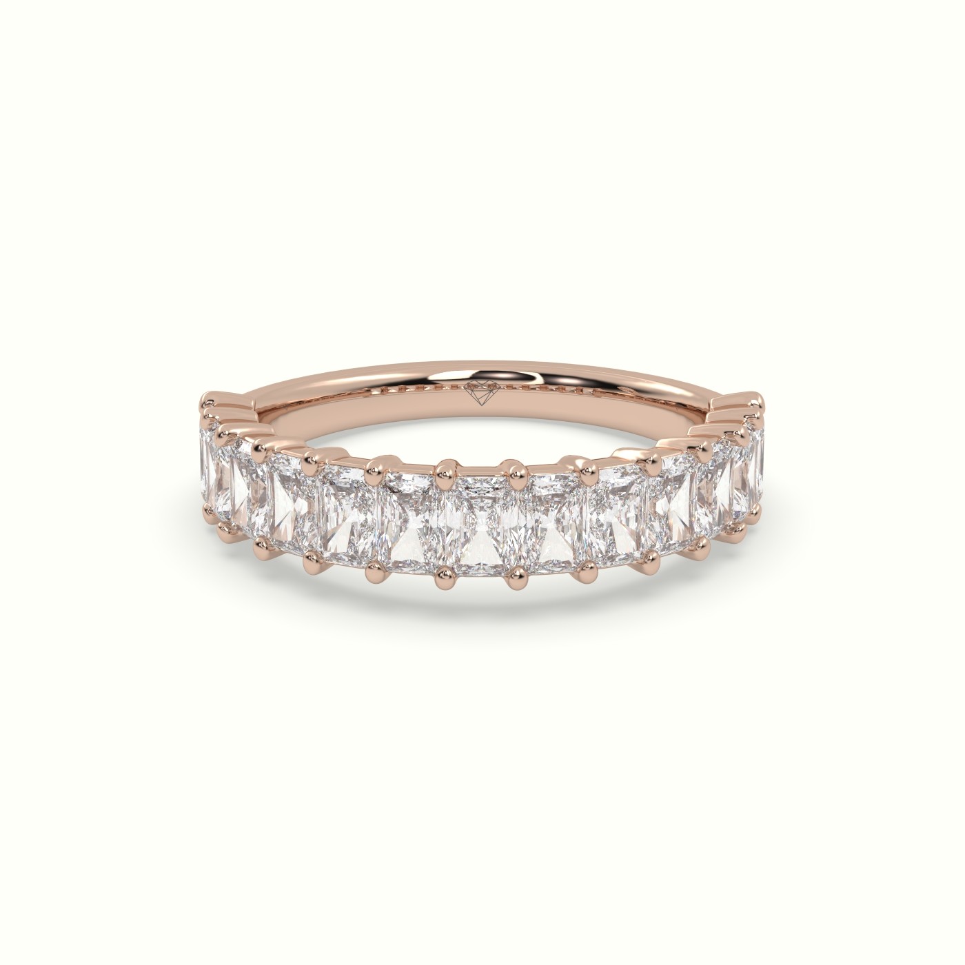 18k rose gold radiant cut shared prong diamond wedding ring