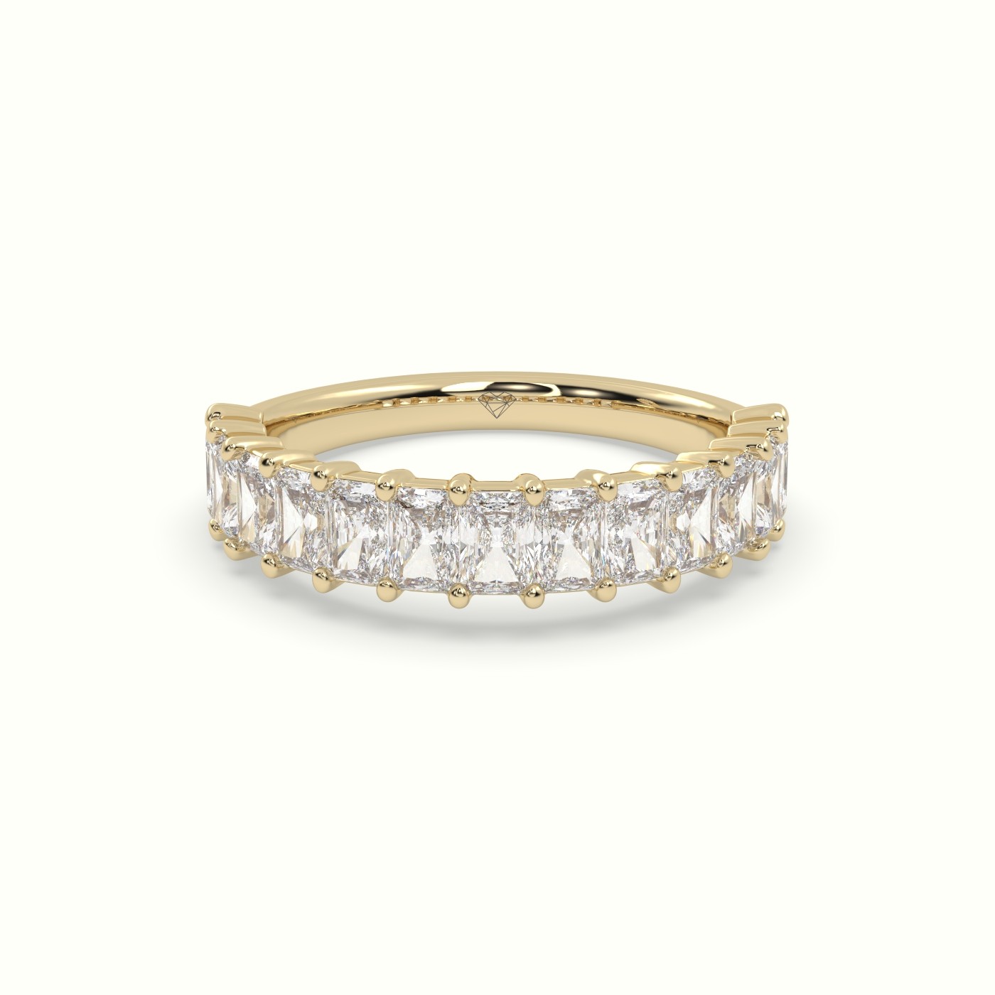 18k yellow gold radiant cut shared prong diamond wedding ring