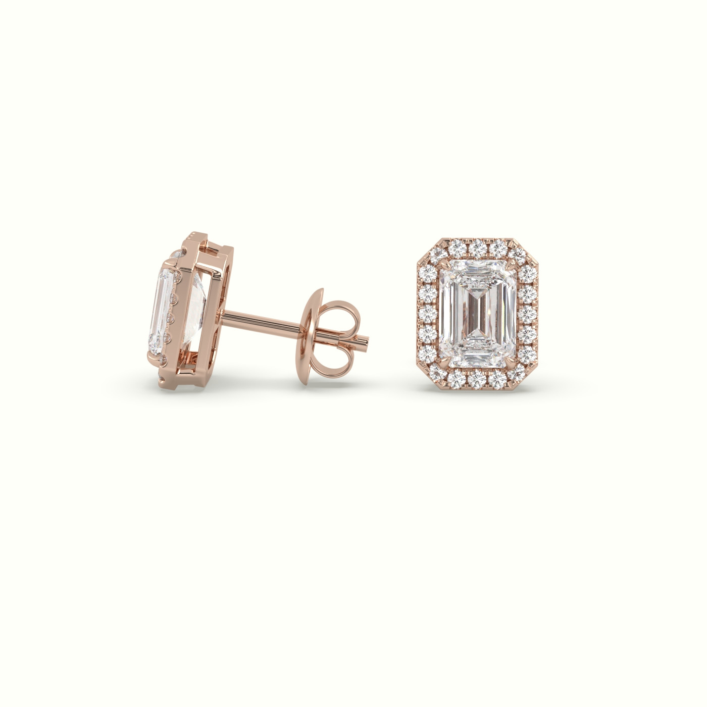 18k rose gold emerald cut solitaire diamond halo stud earrings Photos & images