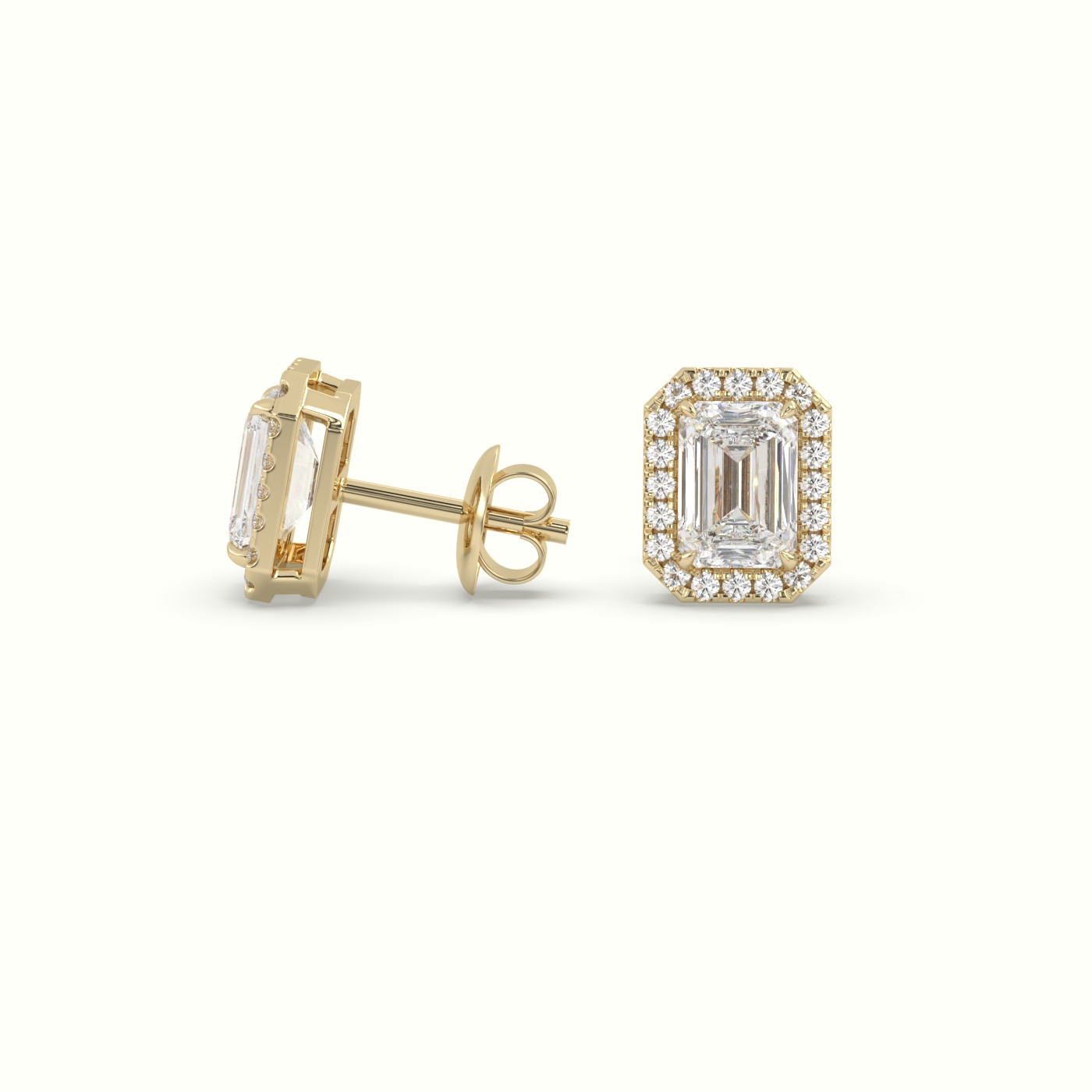18k yellow gold emerald cut solitaire diamond halo stud earrings Photos & images