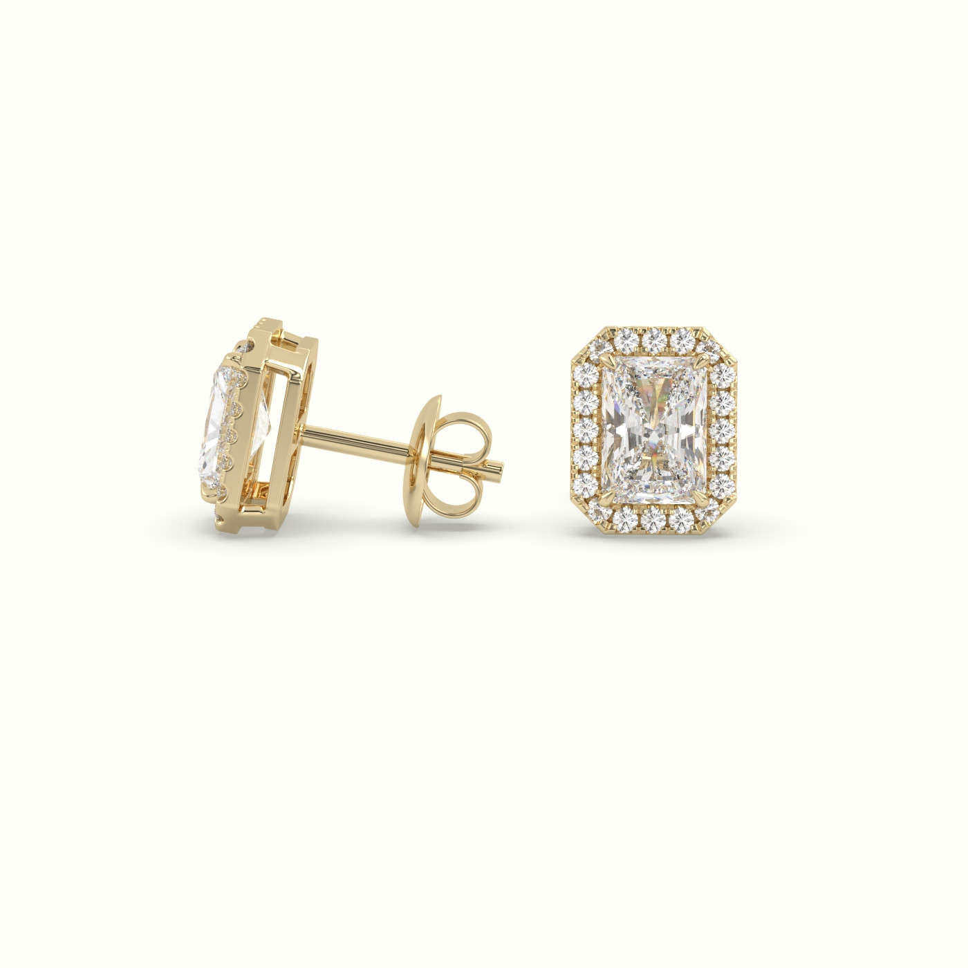 18k yellow gold radiant cut solitaire diamond halo stud earrings Photos & images
