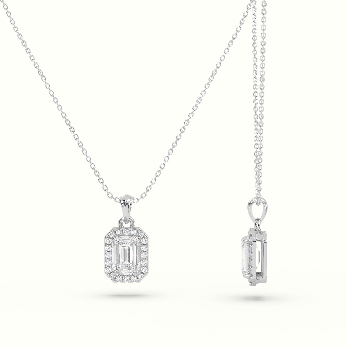 18k white gold emerald cut solitaire halo diamond pendant Photos & images