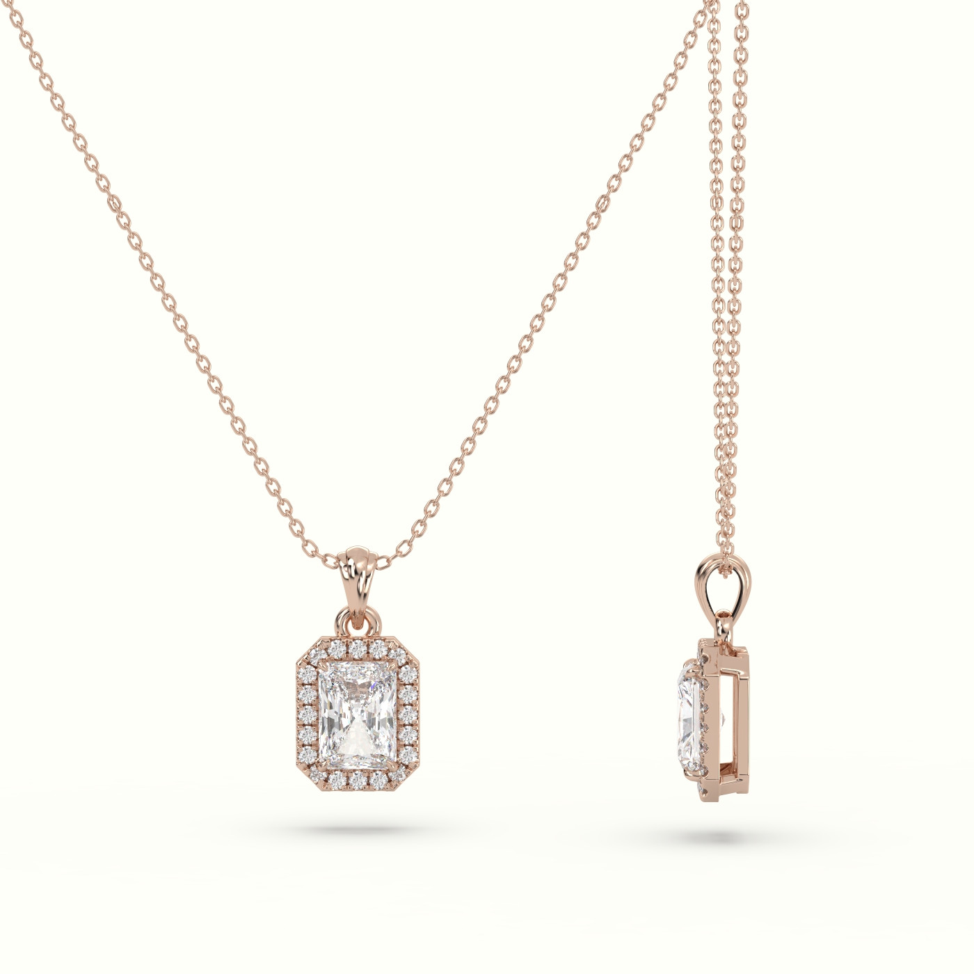 18k rose gold radiant cut solitaire halo diamond pendant Photos & images