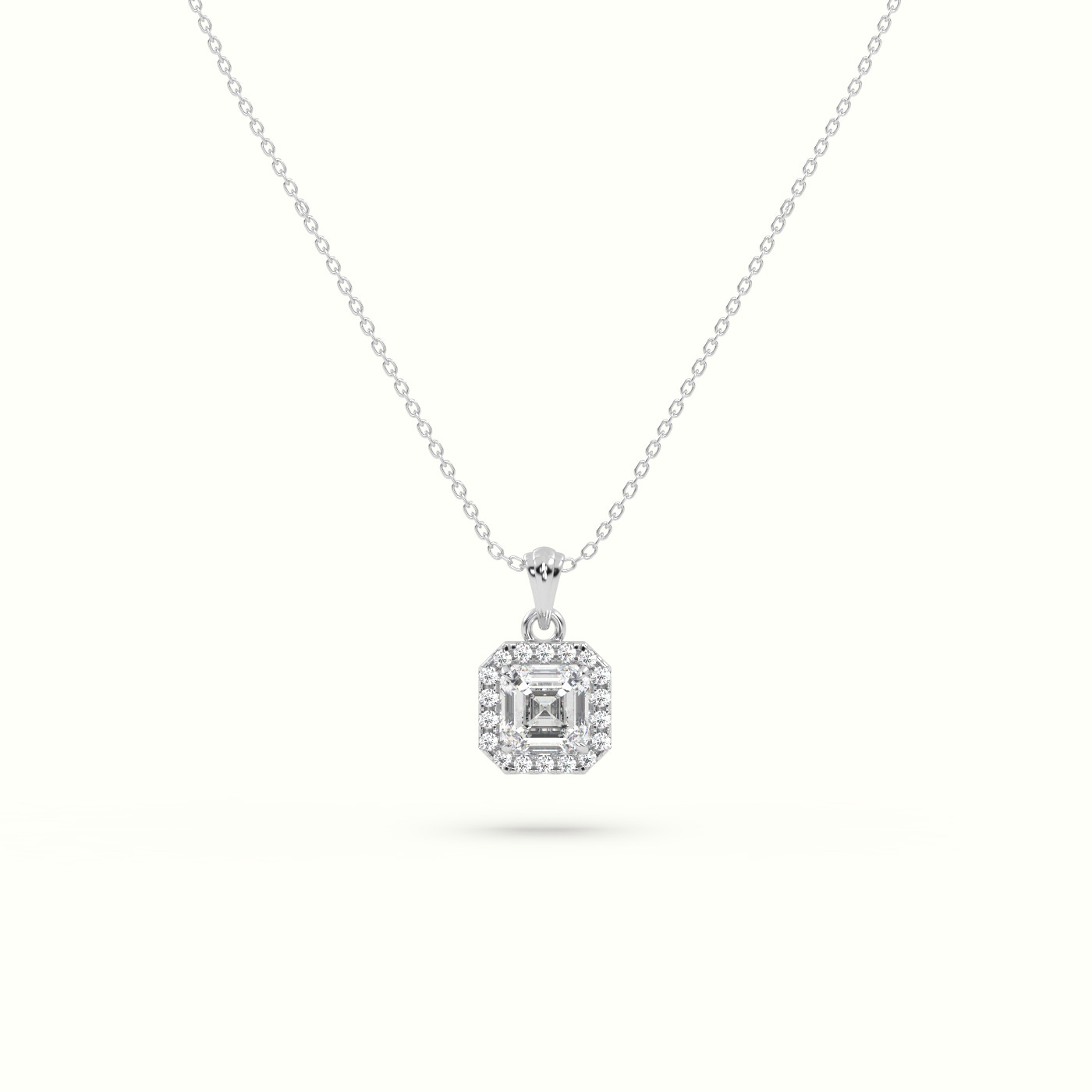 18k white gold ascher cut solitaire halo diamond pendant