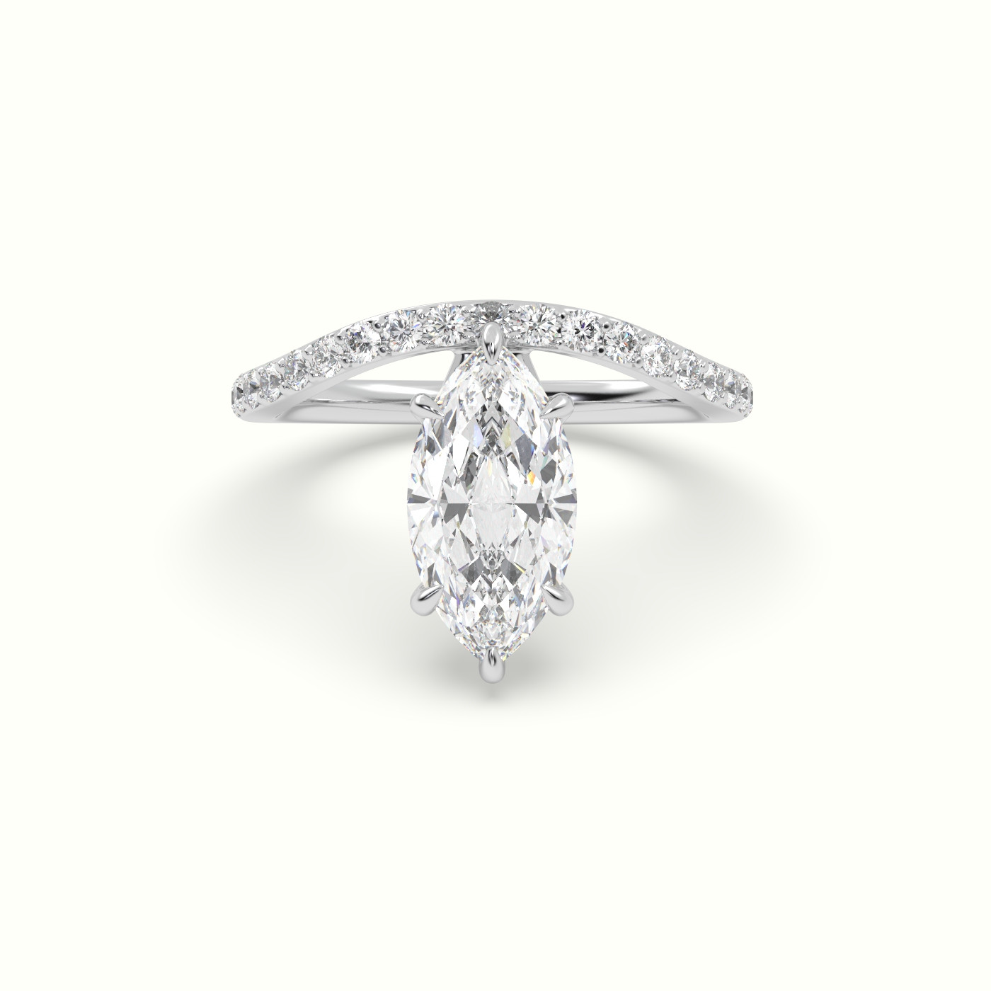 18k white gold marquise diamond solitaire curved pavé ring