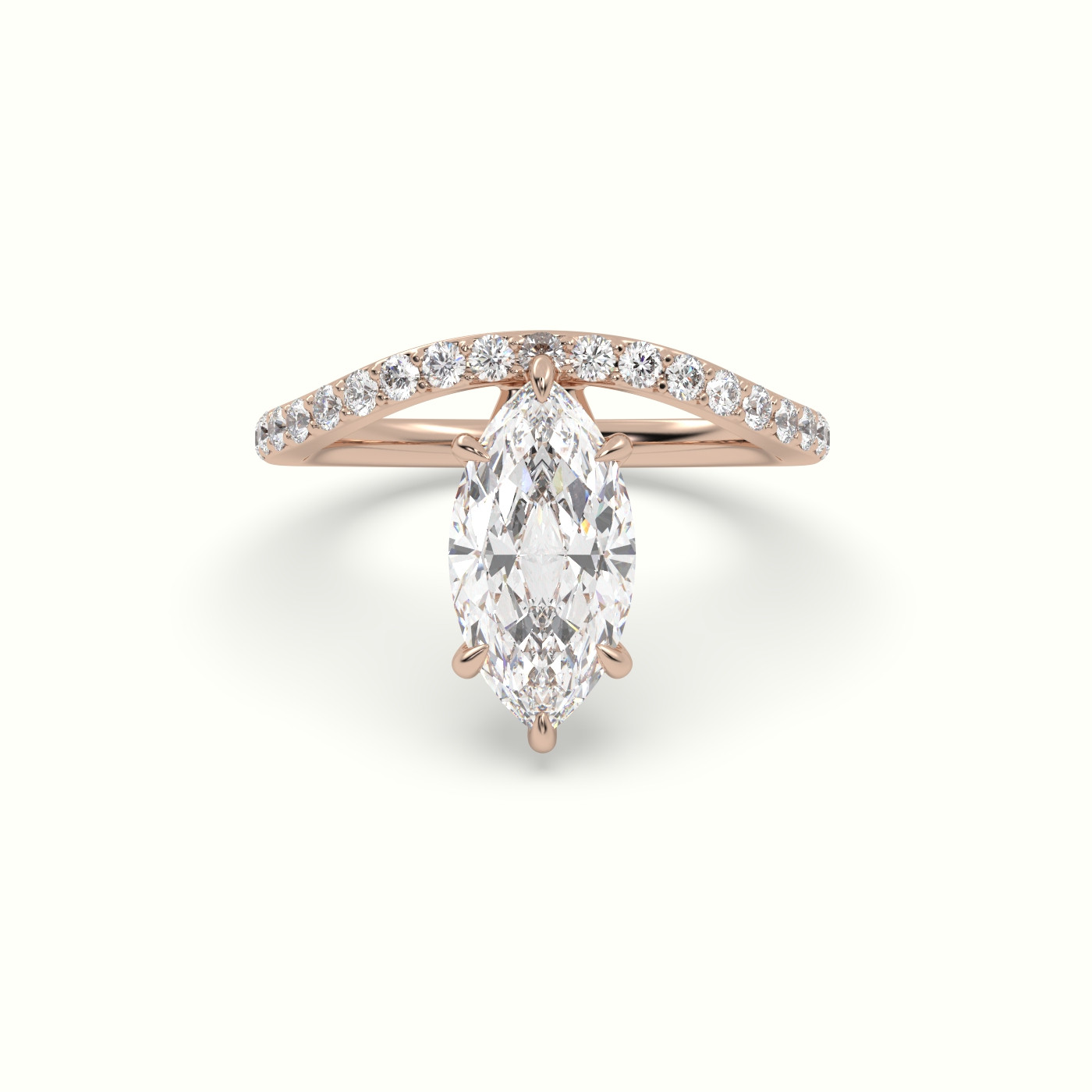 18k rose gold marquise diamond solitaire curved pavé ring