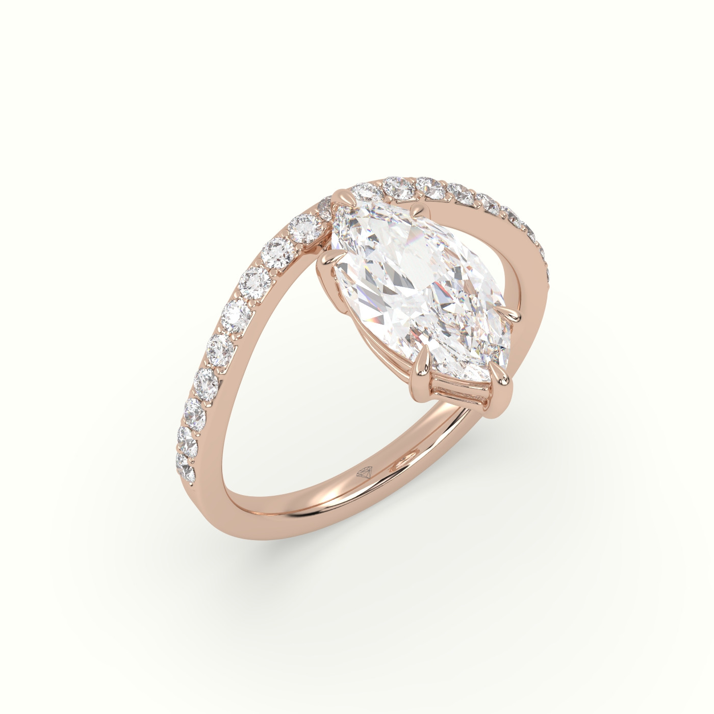 10k rose gold marquise diamond solitaire curved pavé ring Photos & images