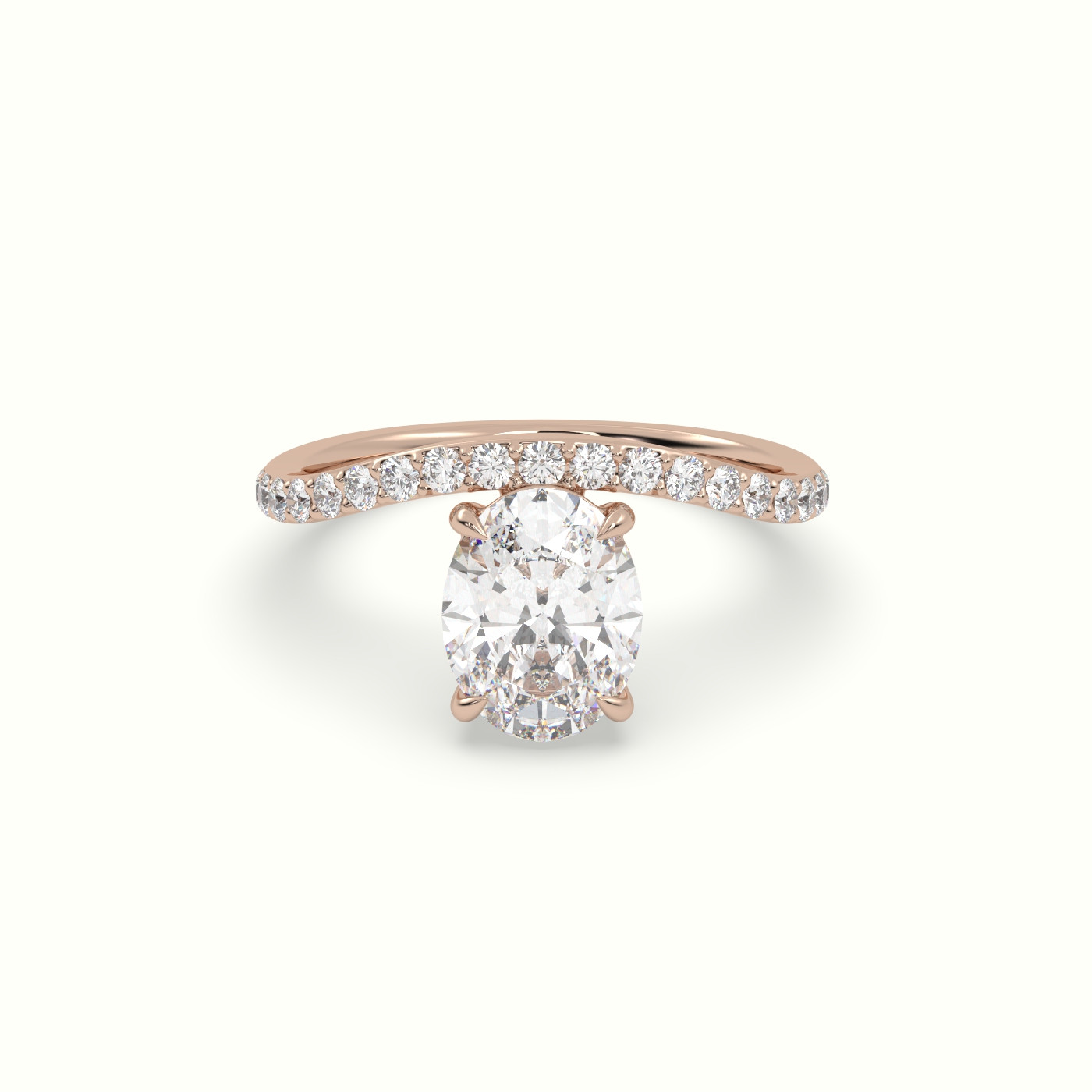 10k rose gold oval diamond solitaire curved pavé ring