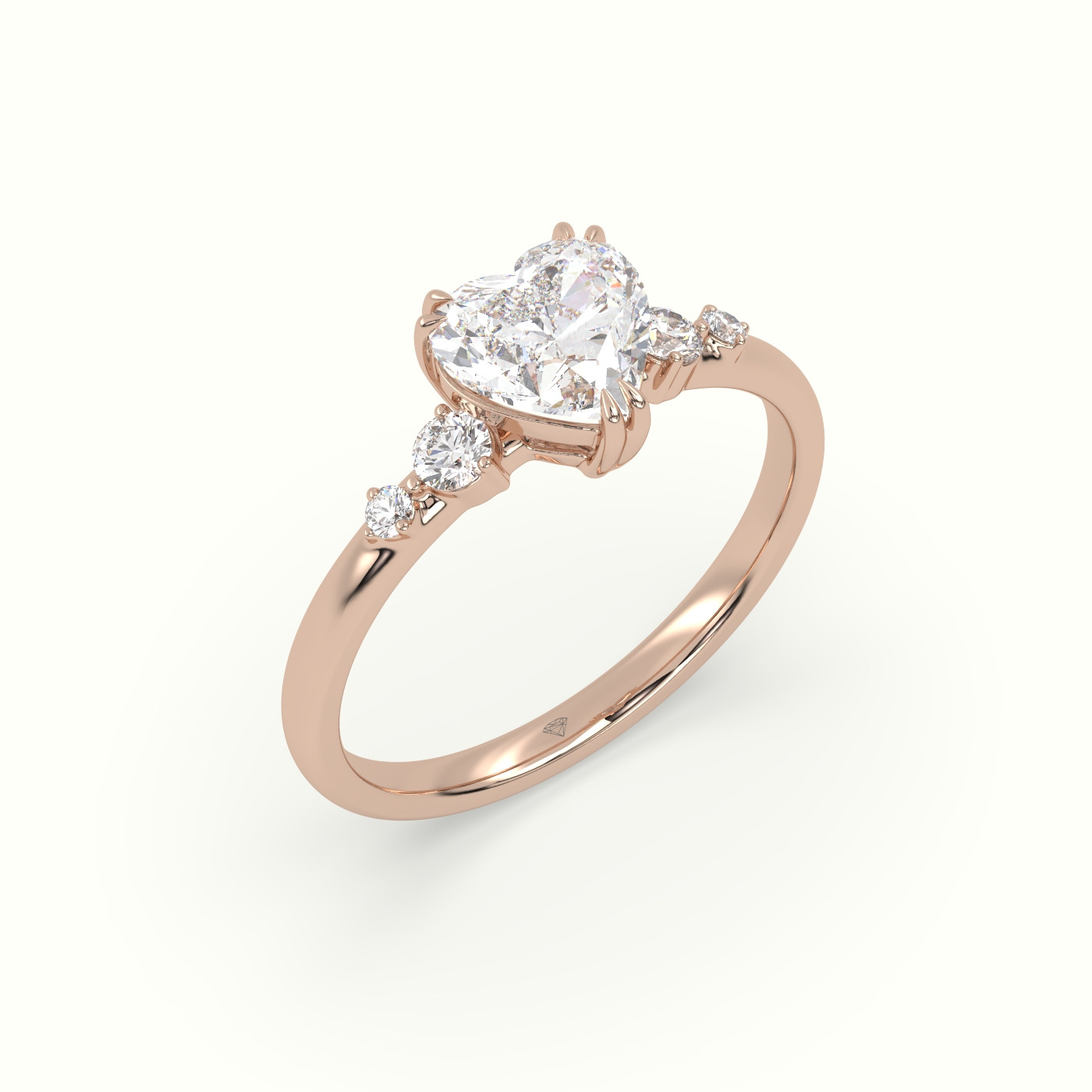 18k rose gold heart diamond solitaire side stone ring Photos & images