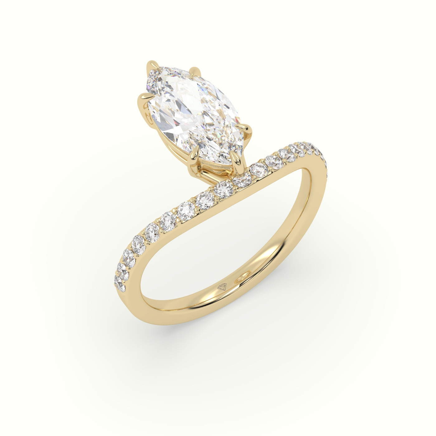 18k yellow gold marquise diamond solitaire curved pavé ring Photos & images