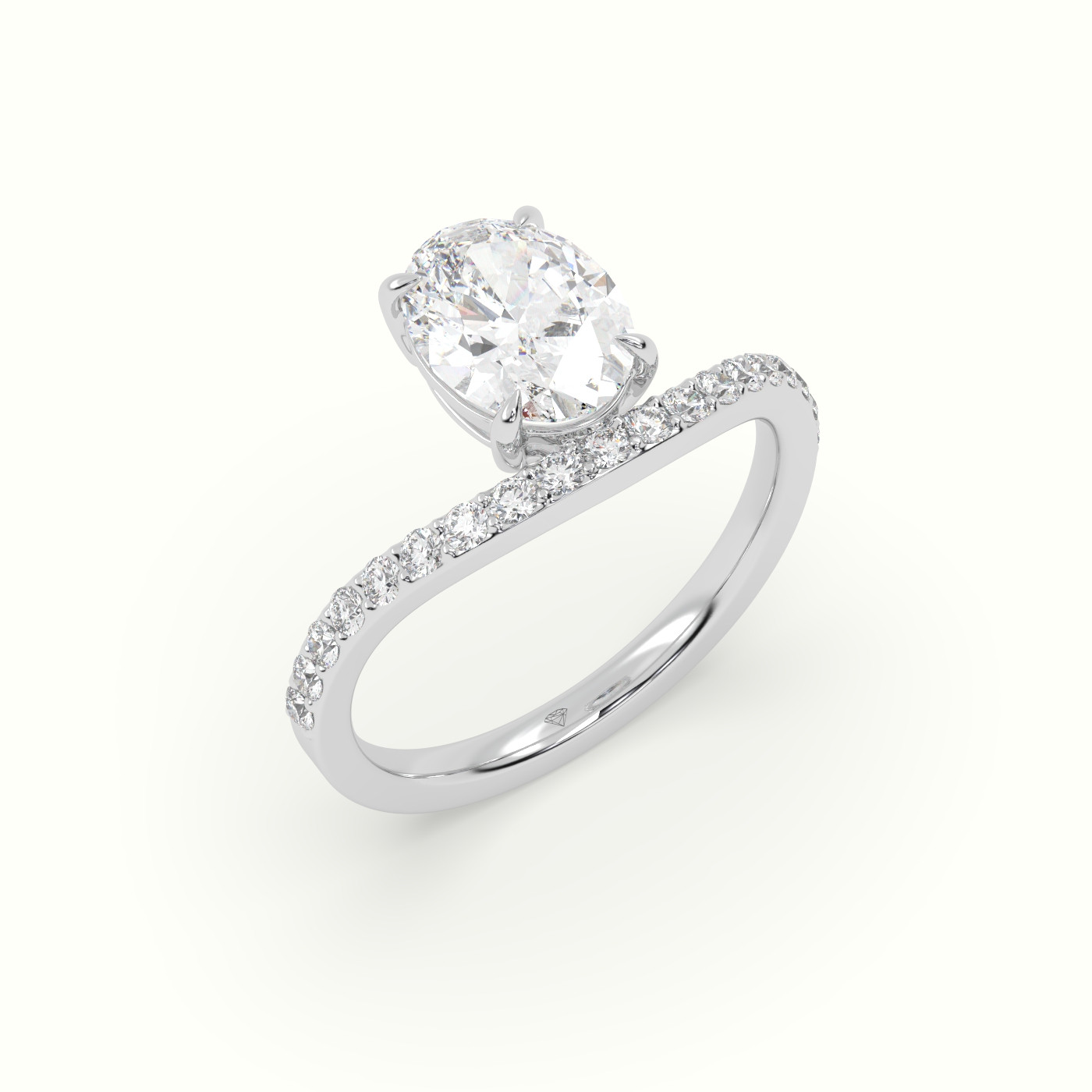 18k white gold oval diamond solitaire curved pavé ring Photos & images