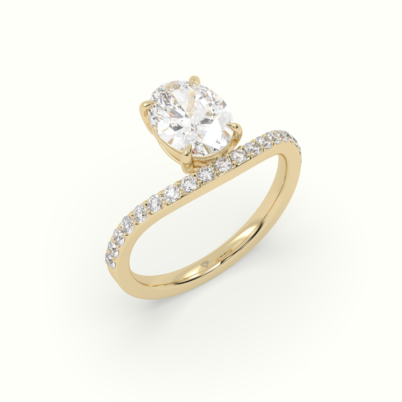 10k yellow gold oval diamond solitaire curved pavé ring Photos & images
